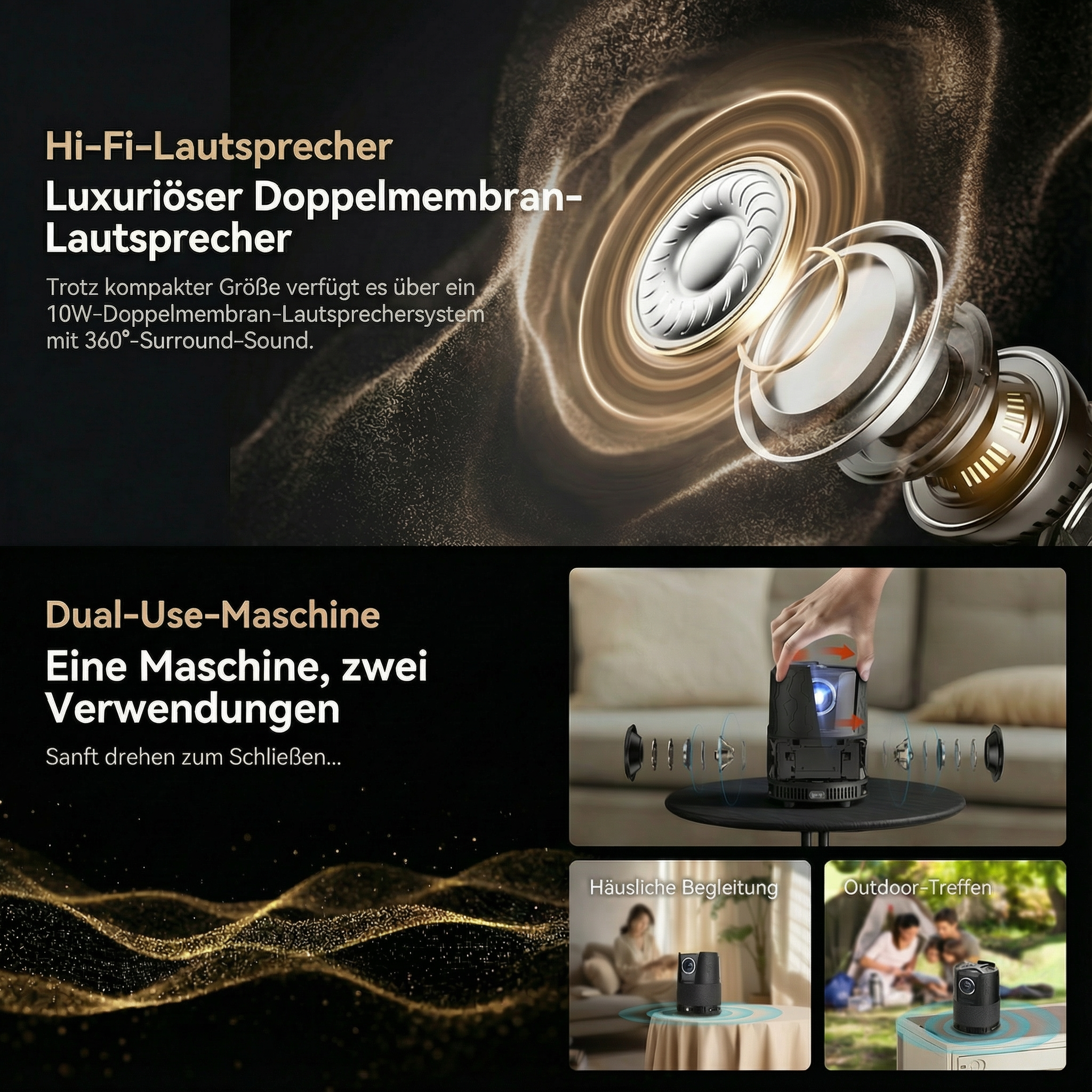 Detailansicht eines Lautsprechers und Projektor-Anwendungen im Haus und draußen.