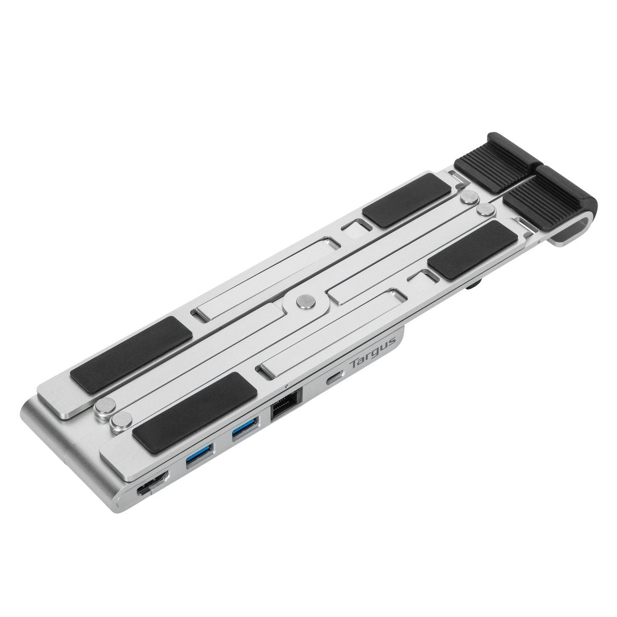 Supporto argento Targus per laptop con più porte, su sfondo bianco.