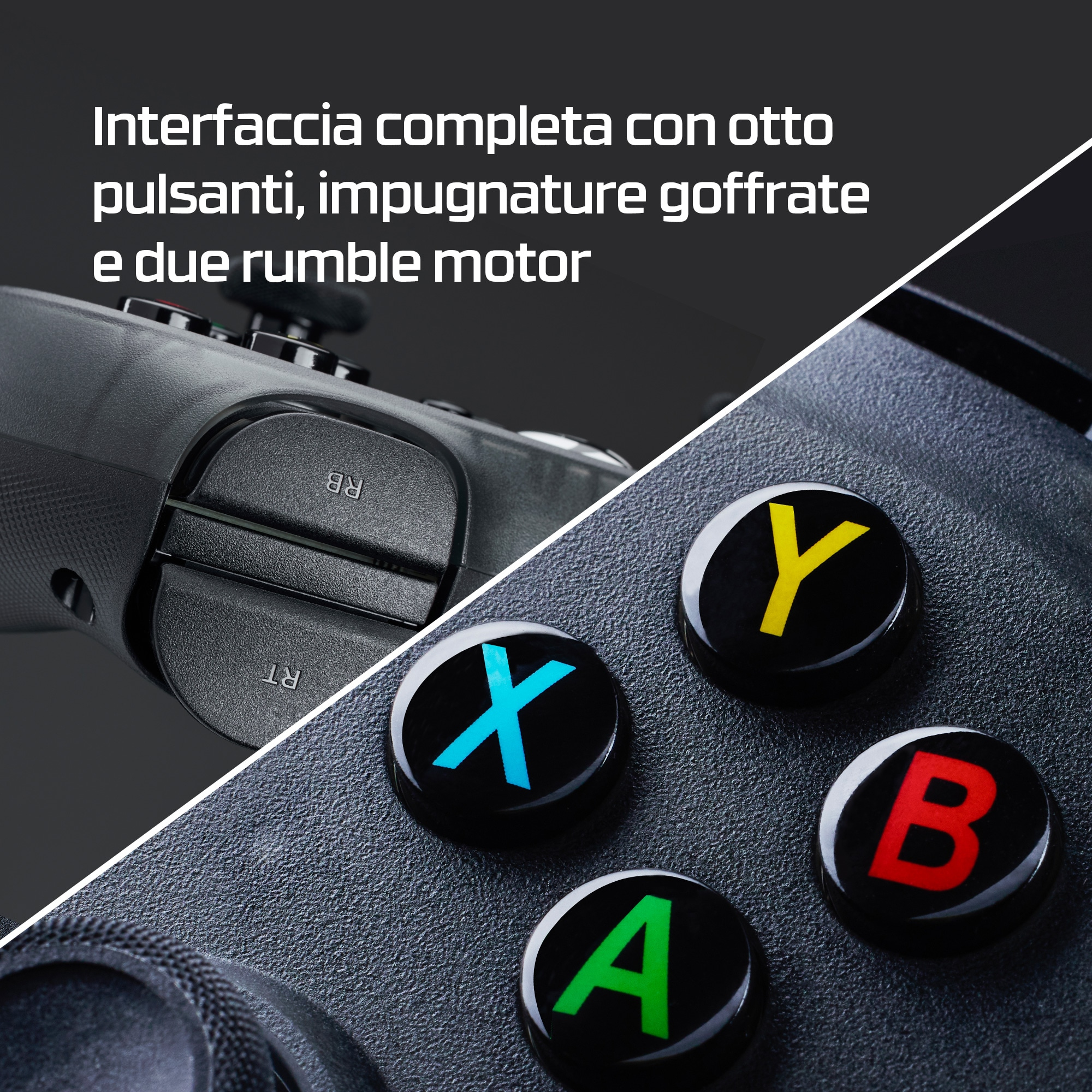 Primo piano di un controller nero con pulsanti colorati: A, B, X, Y.