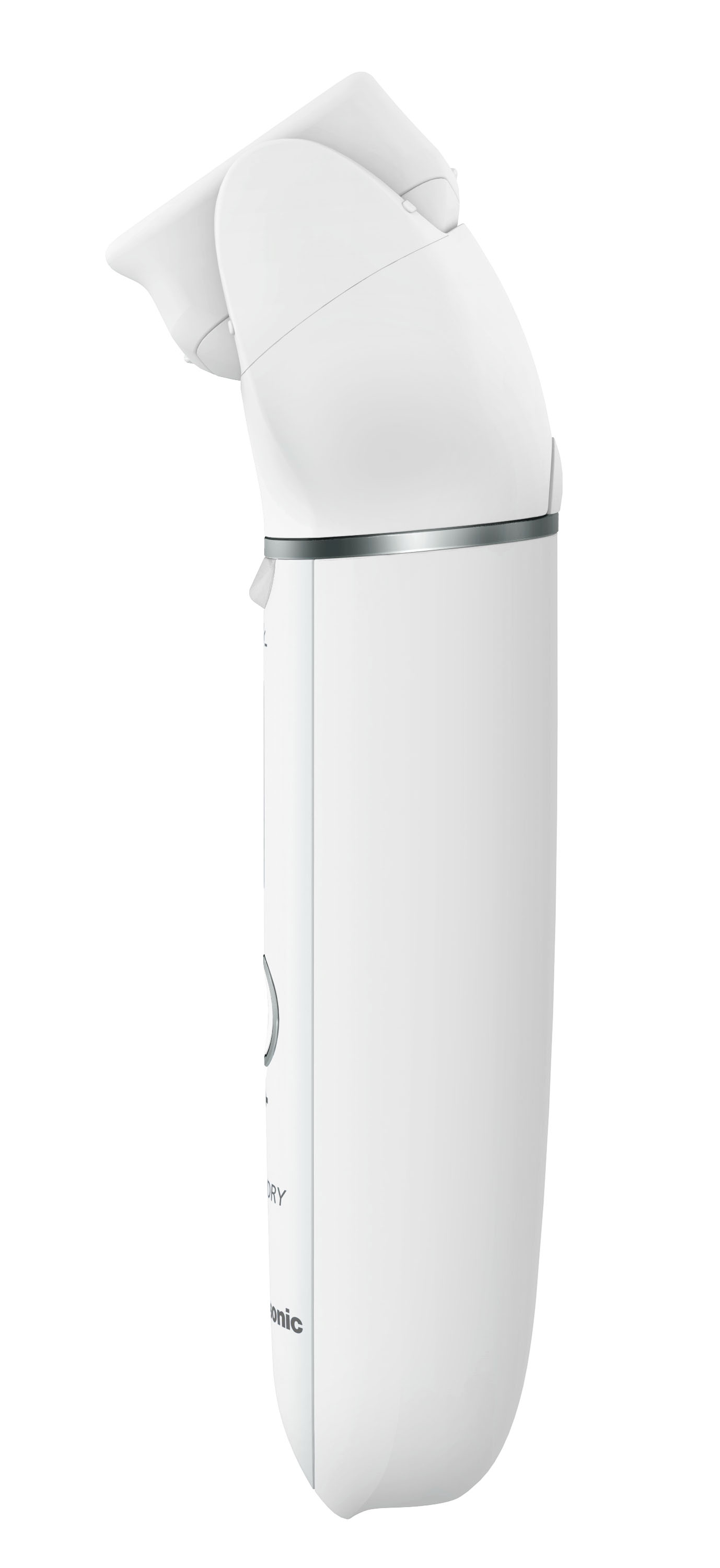 Biała golarka Panasonic z obrotową głowicą i srebrnym pierścieniem.