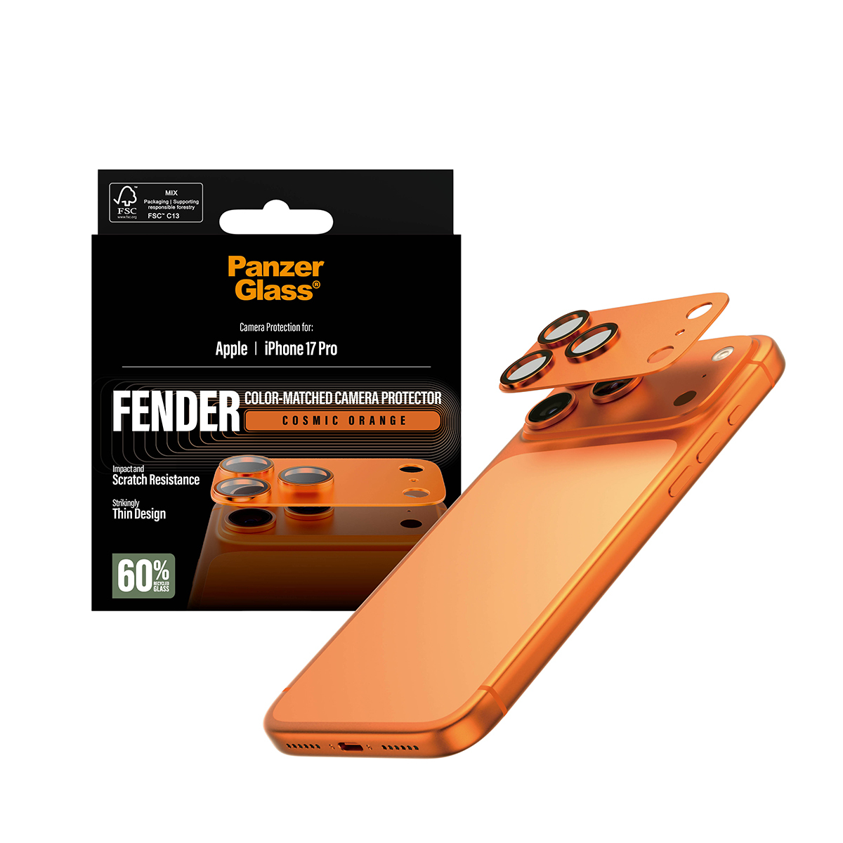 Oranje iPhone 17 Pro met Panzer Glass cameraprotector en verpakking.