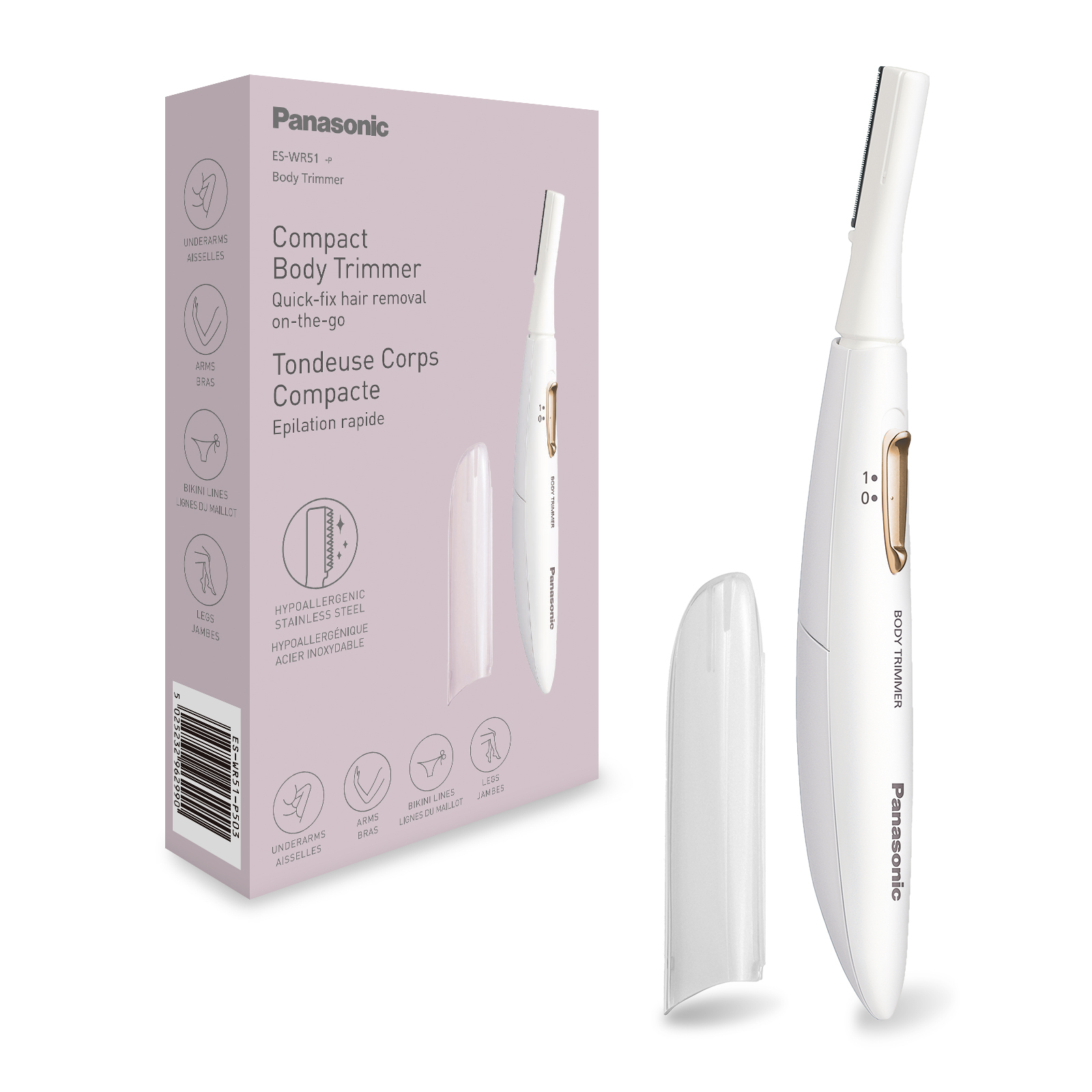 Ein weißer Panasonic Body Trimmer mit Schutzhülle und Verpackung.