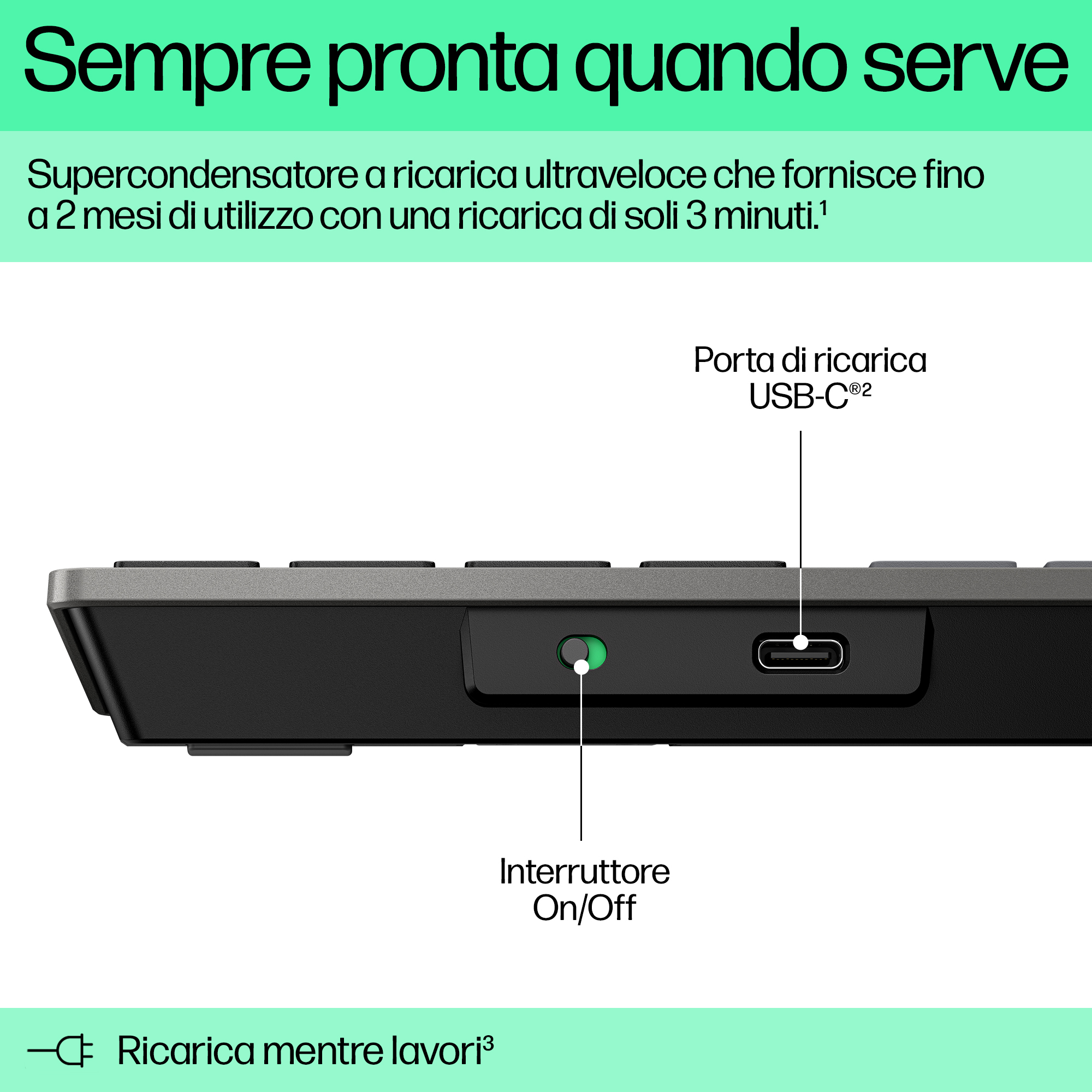 Primo piano del lato di una tastiera nera con porta USB-C e interruttore On/Off.