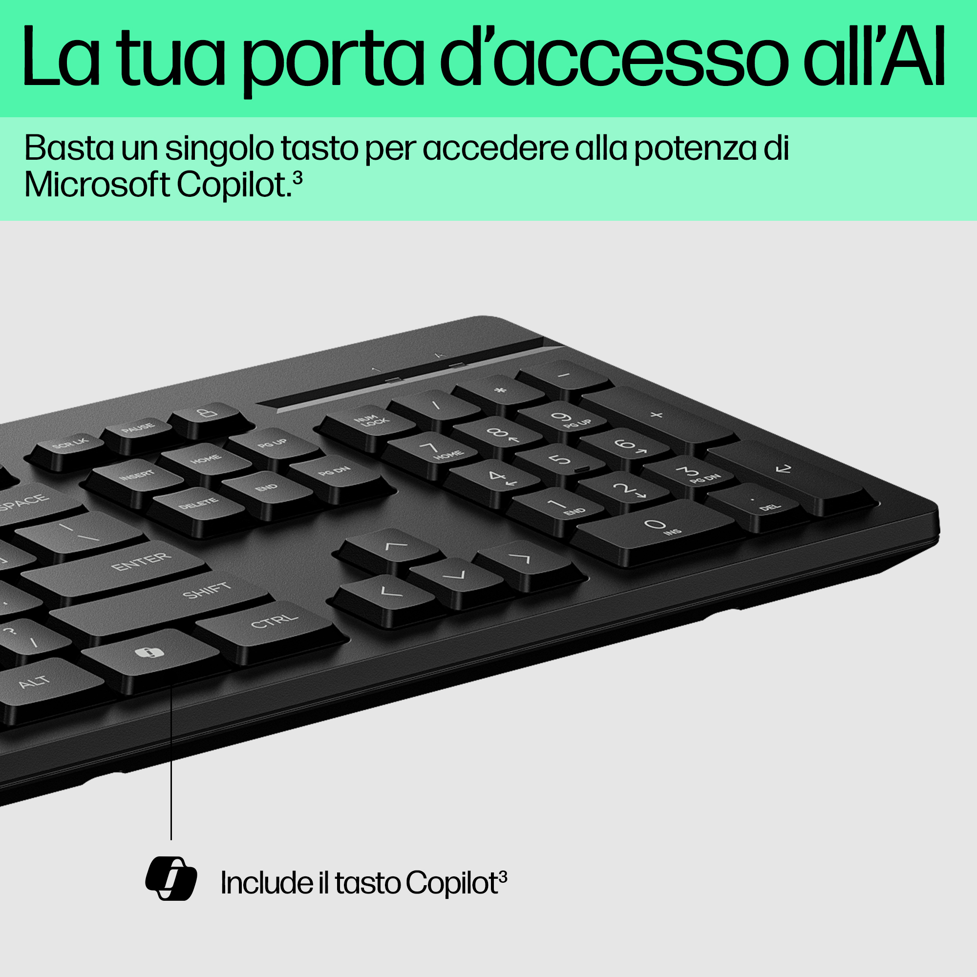 Una tastiera nera con tasto Copilot evidenziato e testo sopra.