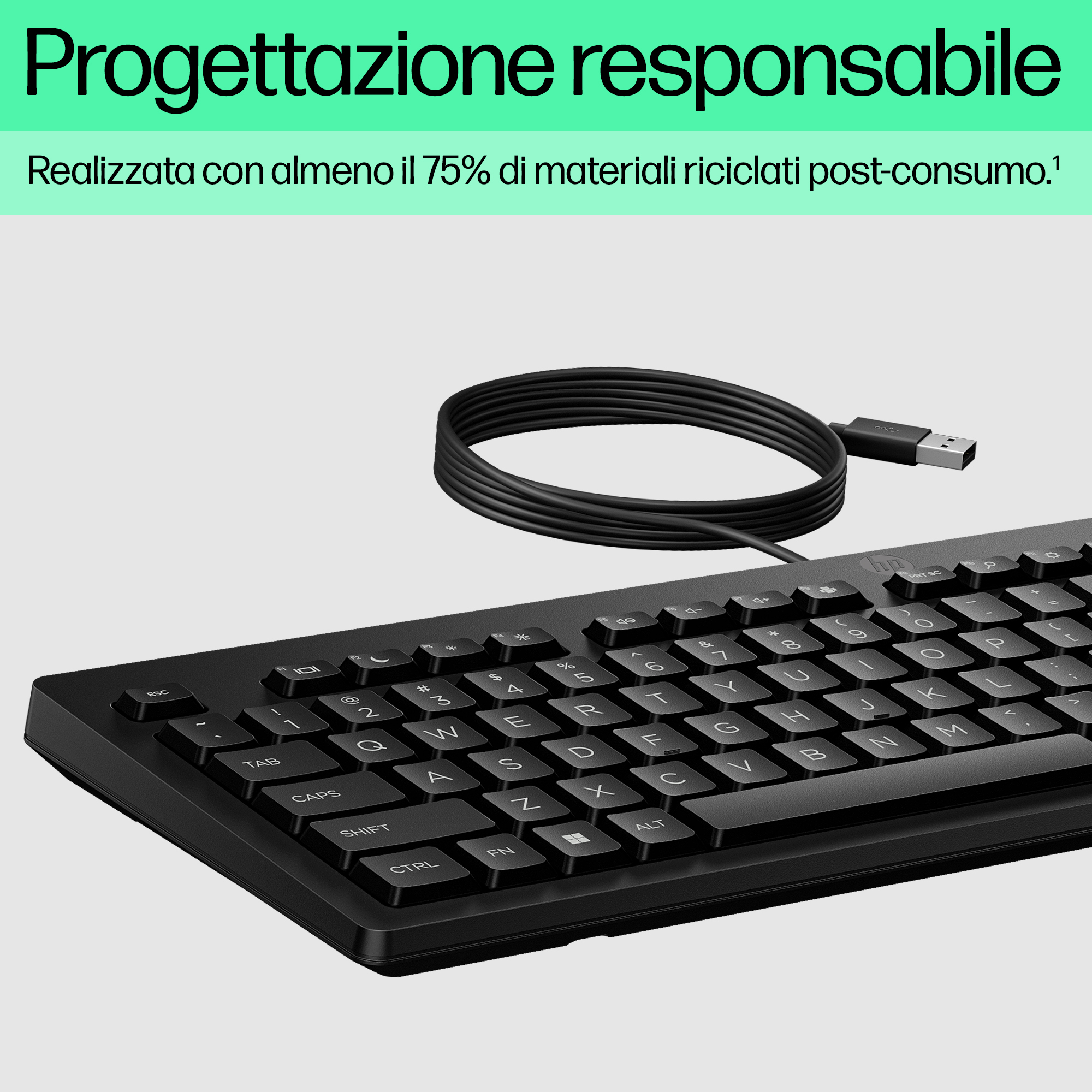 Tastiera nera con cavo USB nero arrotolato e testo sopra.
