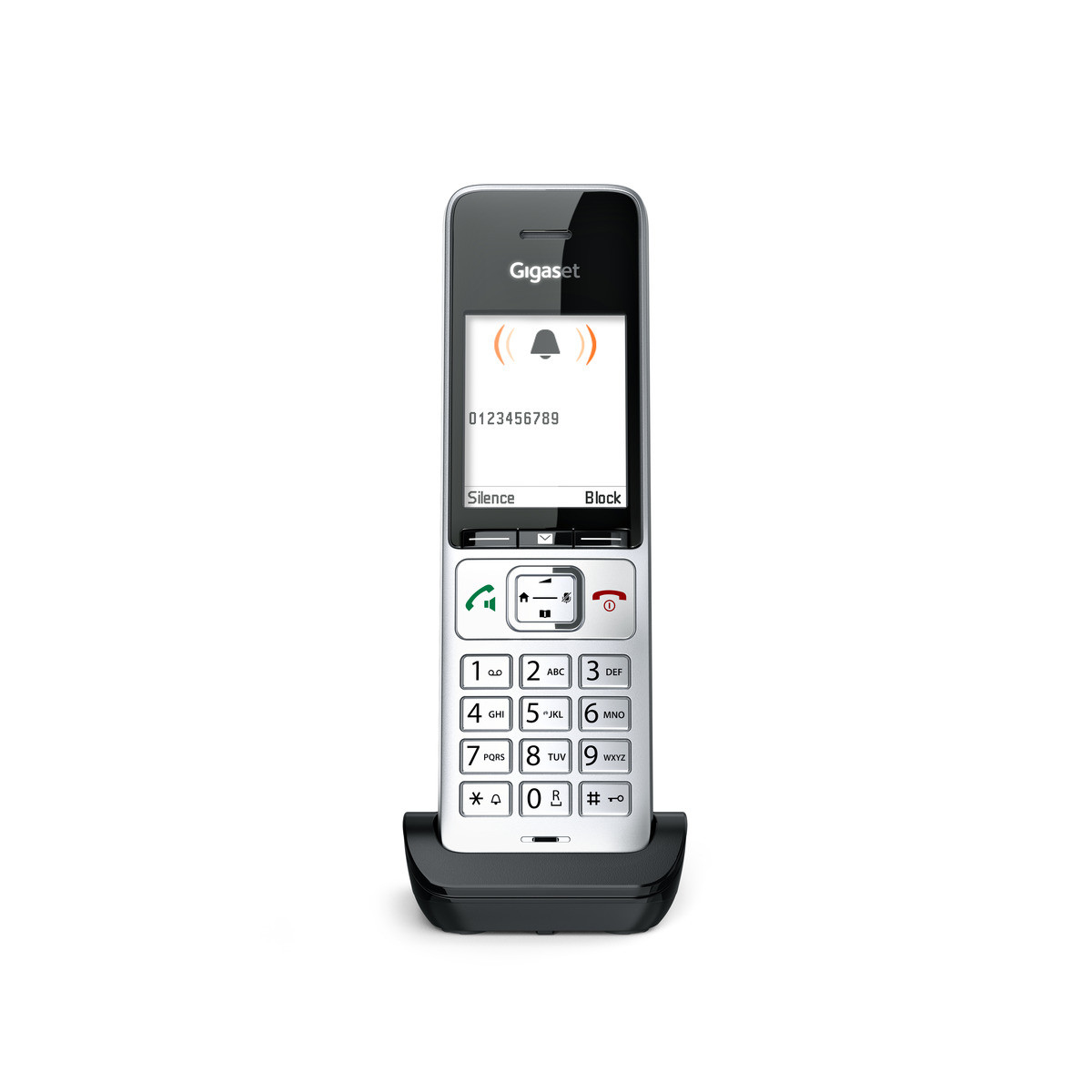 Un telefono Gigaset bianco con schermo nero che visualizza un numero in arrivo.