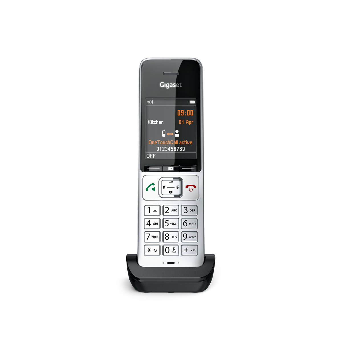 Un telefono cordless Gigaset con tastiera e schermo, appoggiato sulla sua base di ricarica.