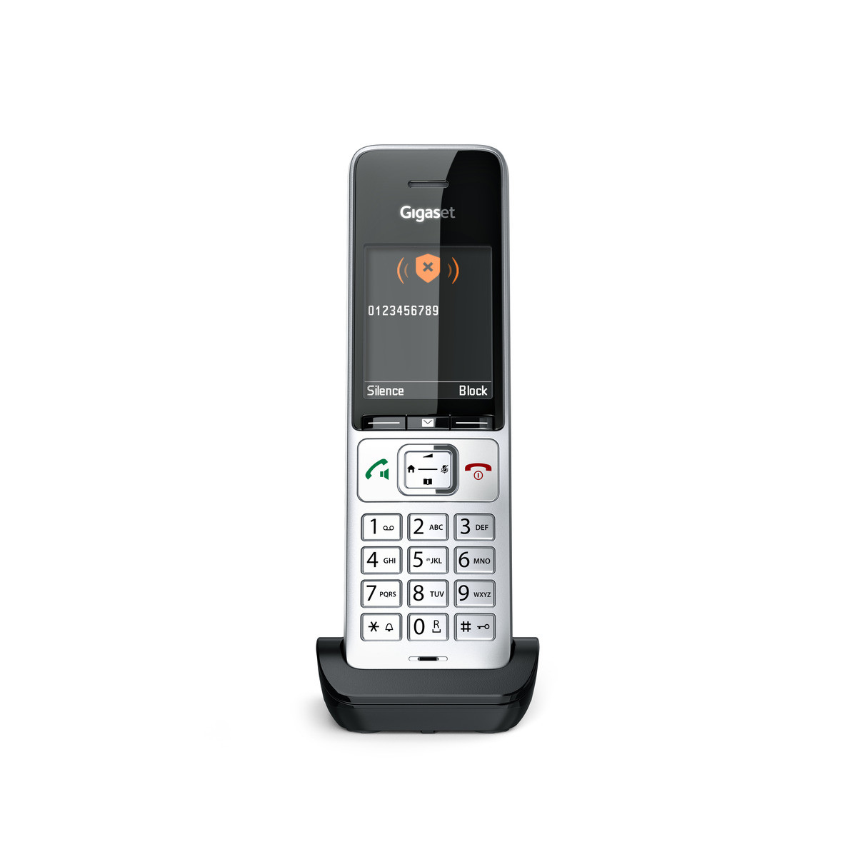 Telefono cordless Gigaset con tastiera e schermo su base di ricarica.