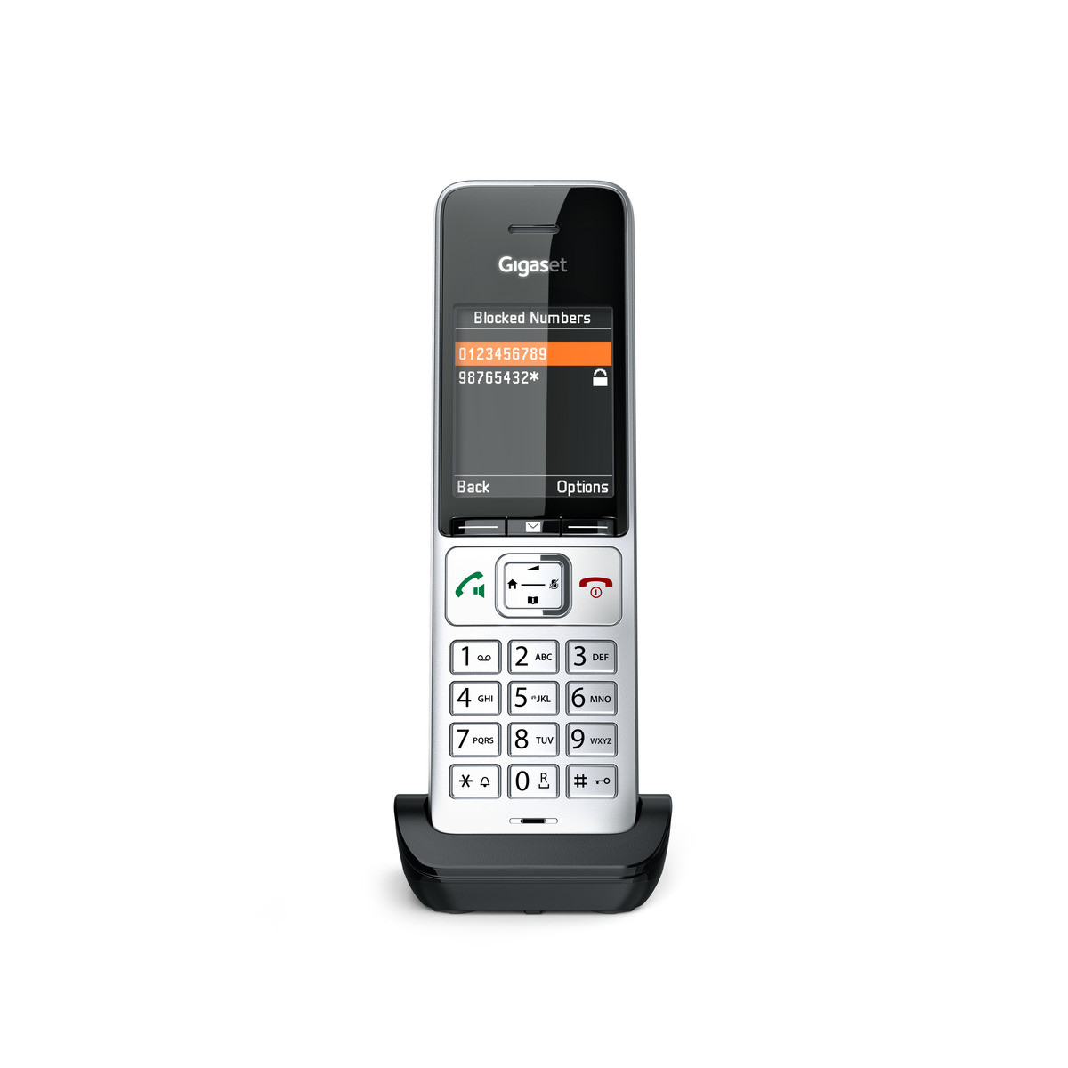 Un telefono cordless Gigaset con schermo, pulsanti e base di ricarica.