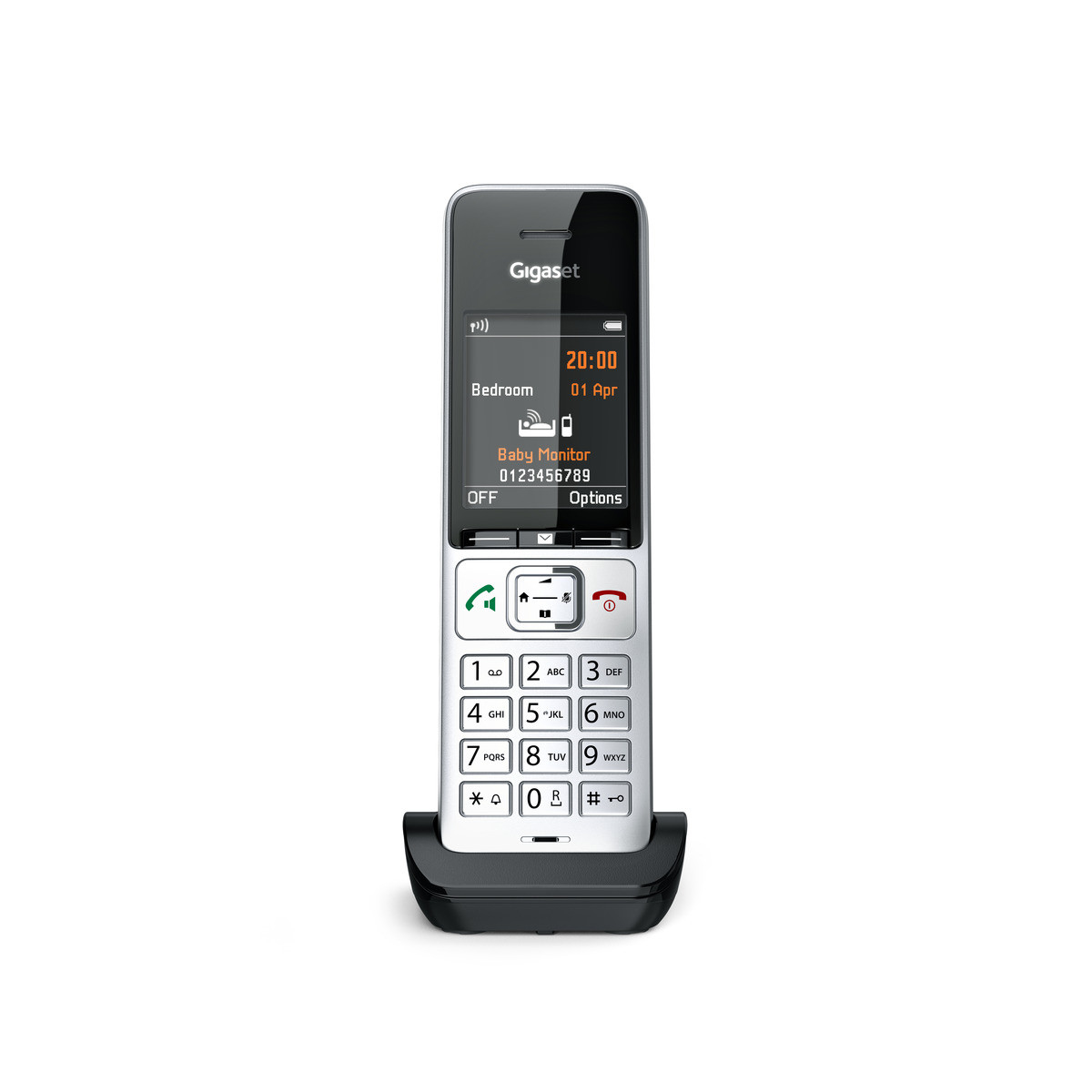 Un telefono cordless Gigaset argentato con schermo nero è su una base di ricarica.