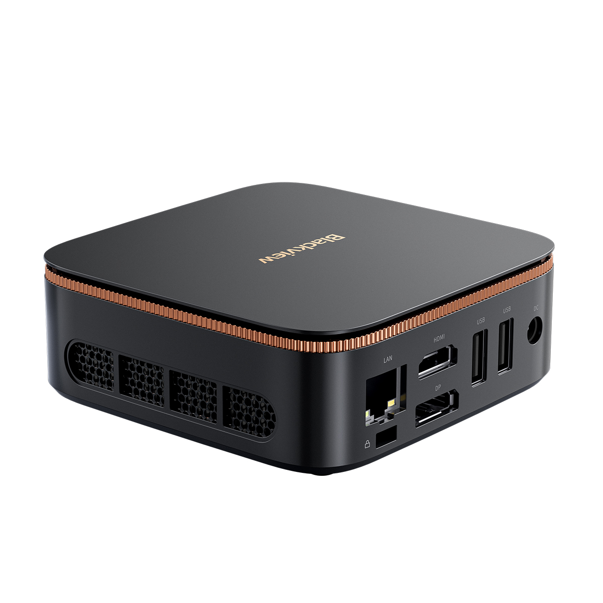 Black mini PC with copper trim, ports: LAN, HDMI, DP, USB, DC.