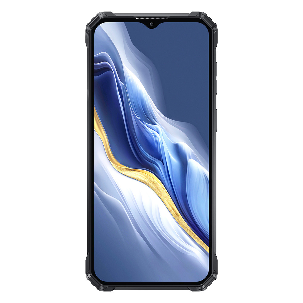 Ein schwarzes Smartphone mit einem abstrakten blauen und goldenen Hintergrundbild.