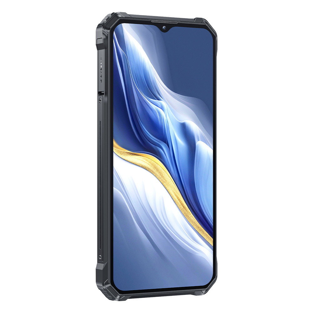 Ein robustes Smartphone mit einem dunklen Gehäuse und einem abstrakten Hintergrund auf dem Bildschirm.