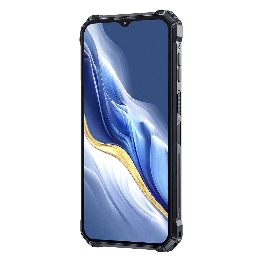 Schwarzes Smartphone mit robustem Gehäuse und abstraktem Hintergrundbild.