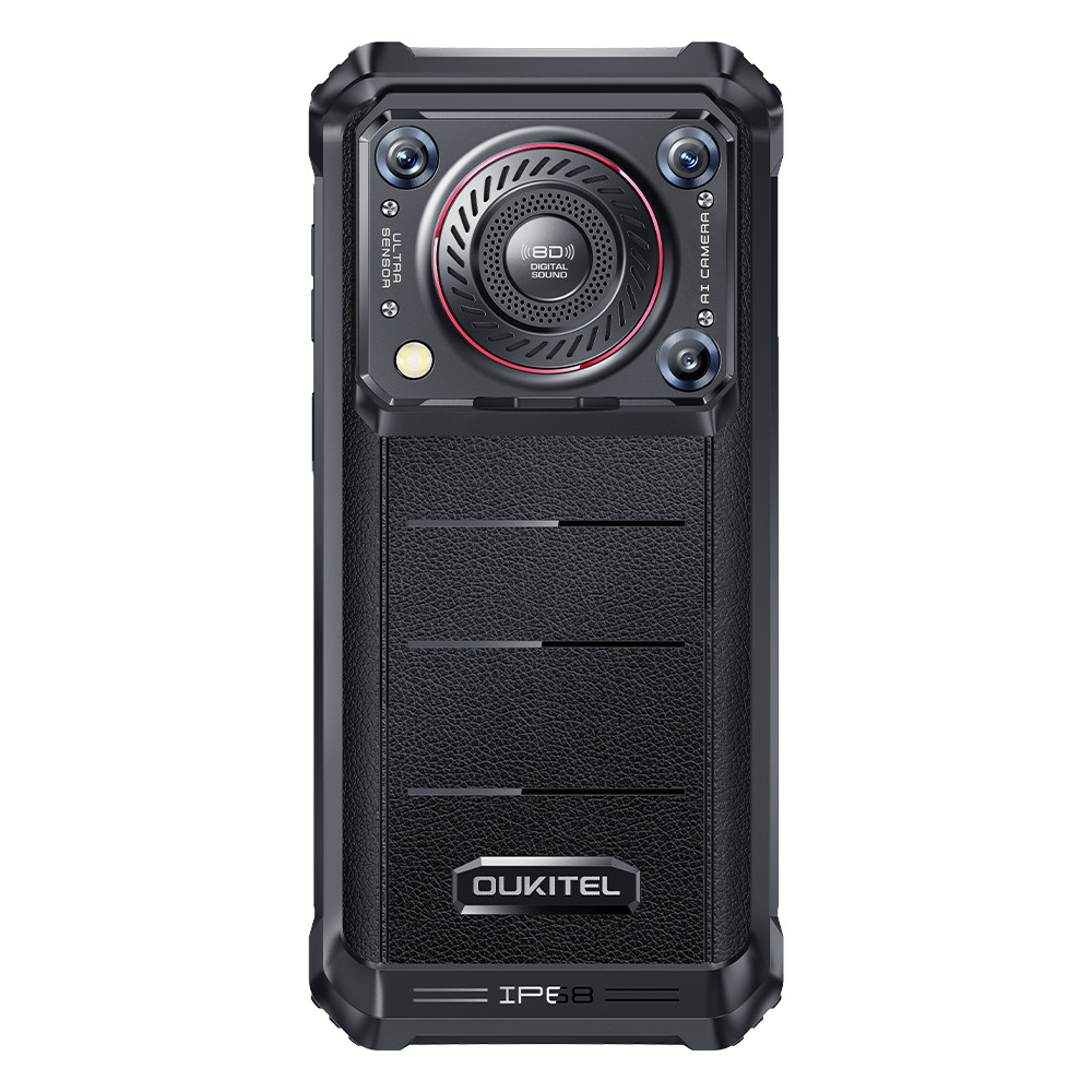 Rückseite eines schwarzen Oukitel Smartphones mit vier Kameras und Lautsprecher.