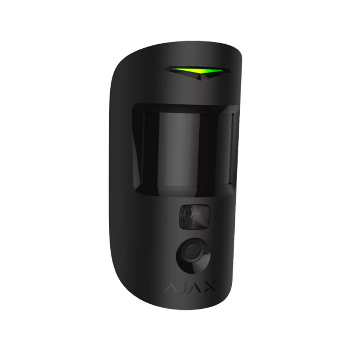 Un detector de movimiento negro con un indicador LED verde arriba.