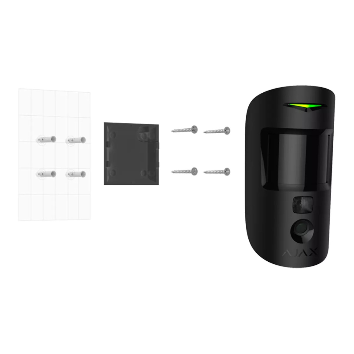 Sensor de movimiento negro con placa de montaje, tacos y tornillos.