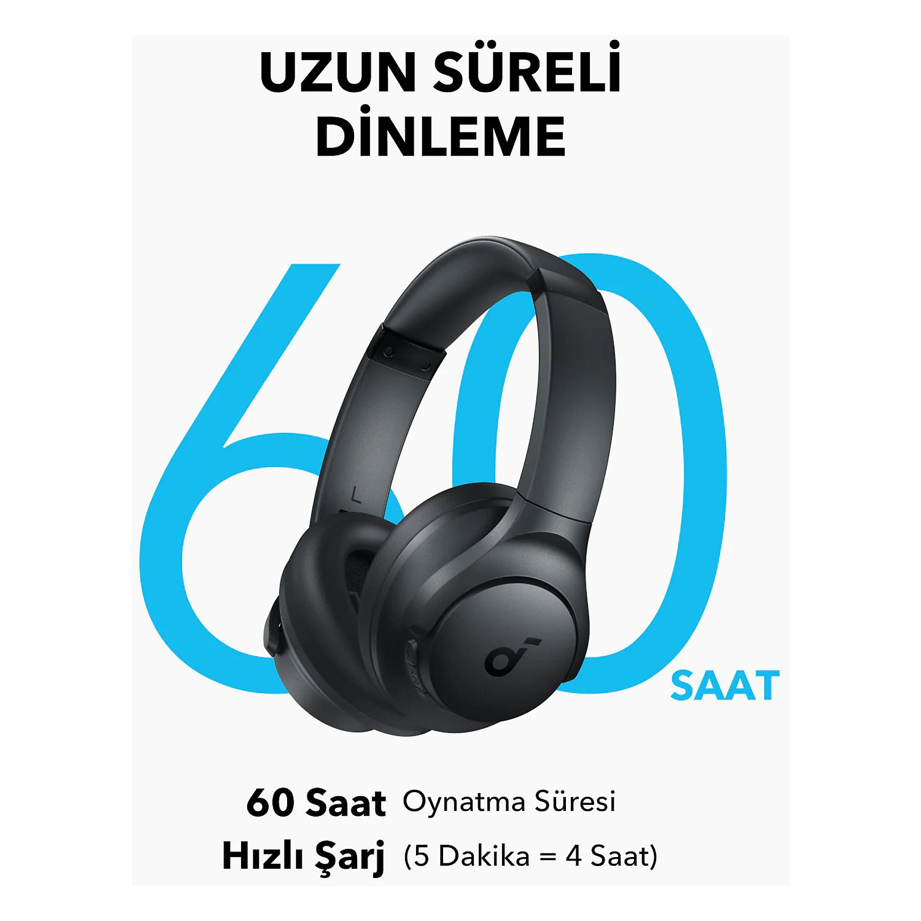 Cuffie nere con una grande icona blu 60 e testo.