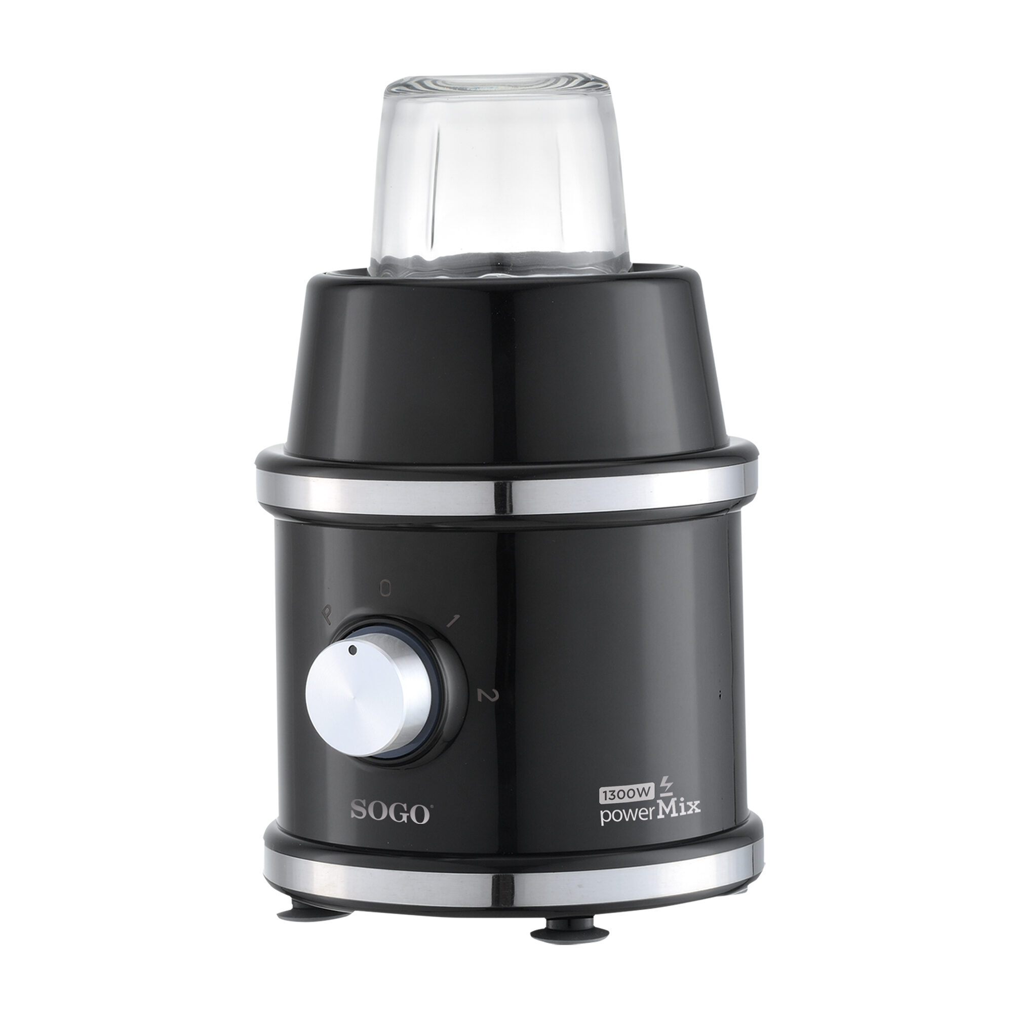 Batidora negra con vaso de cristal y dial plateado. 1300W Power Mix.