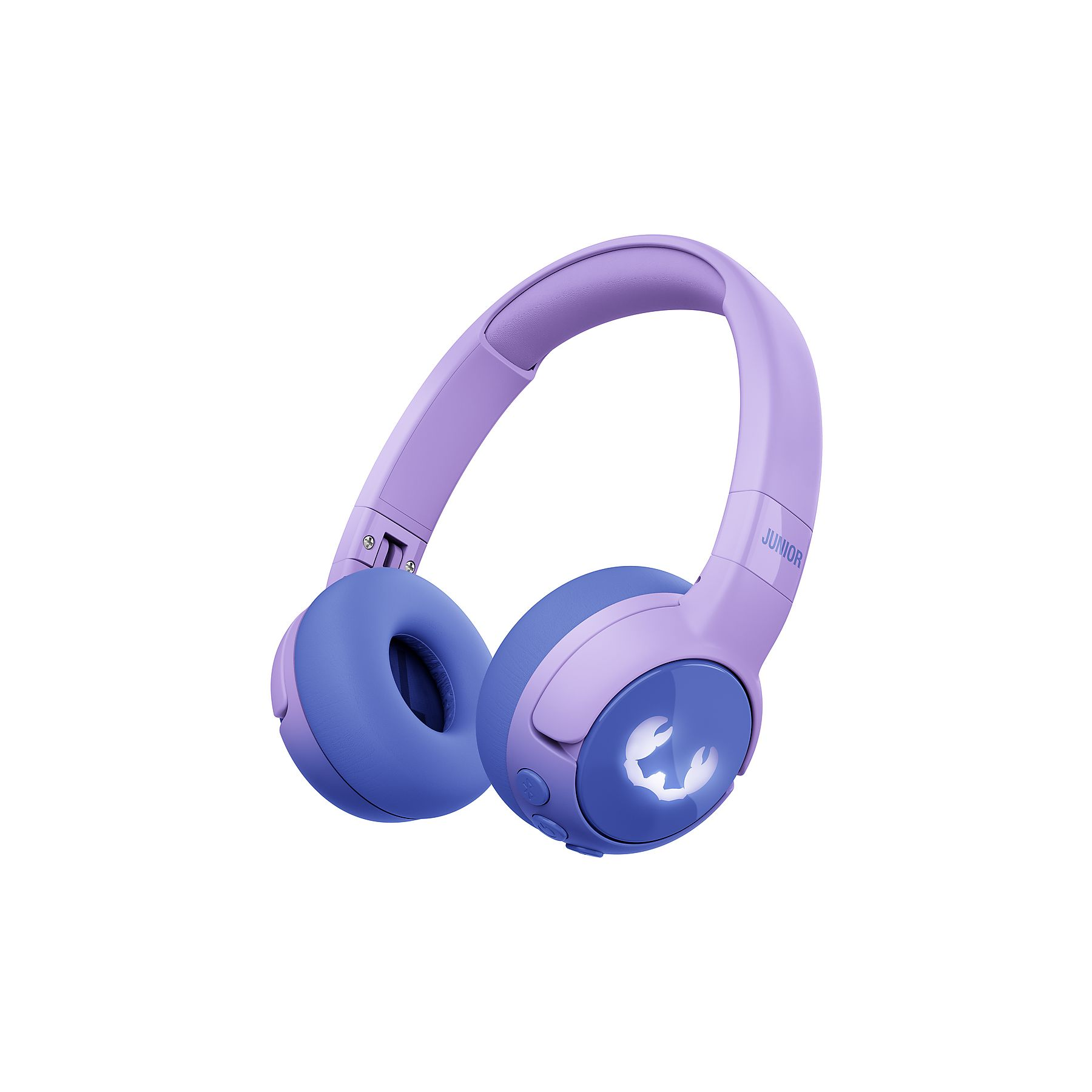 Fioletowo-niebieskie słuchawki z symbolem kraba na nauszniku.