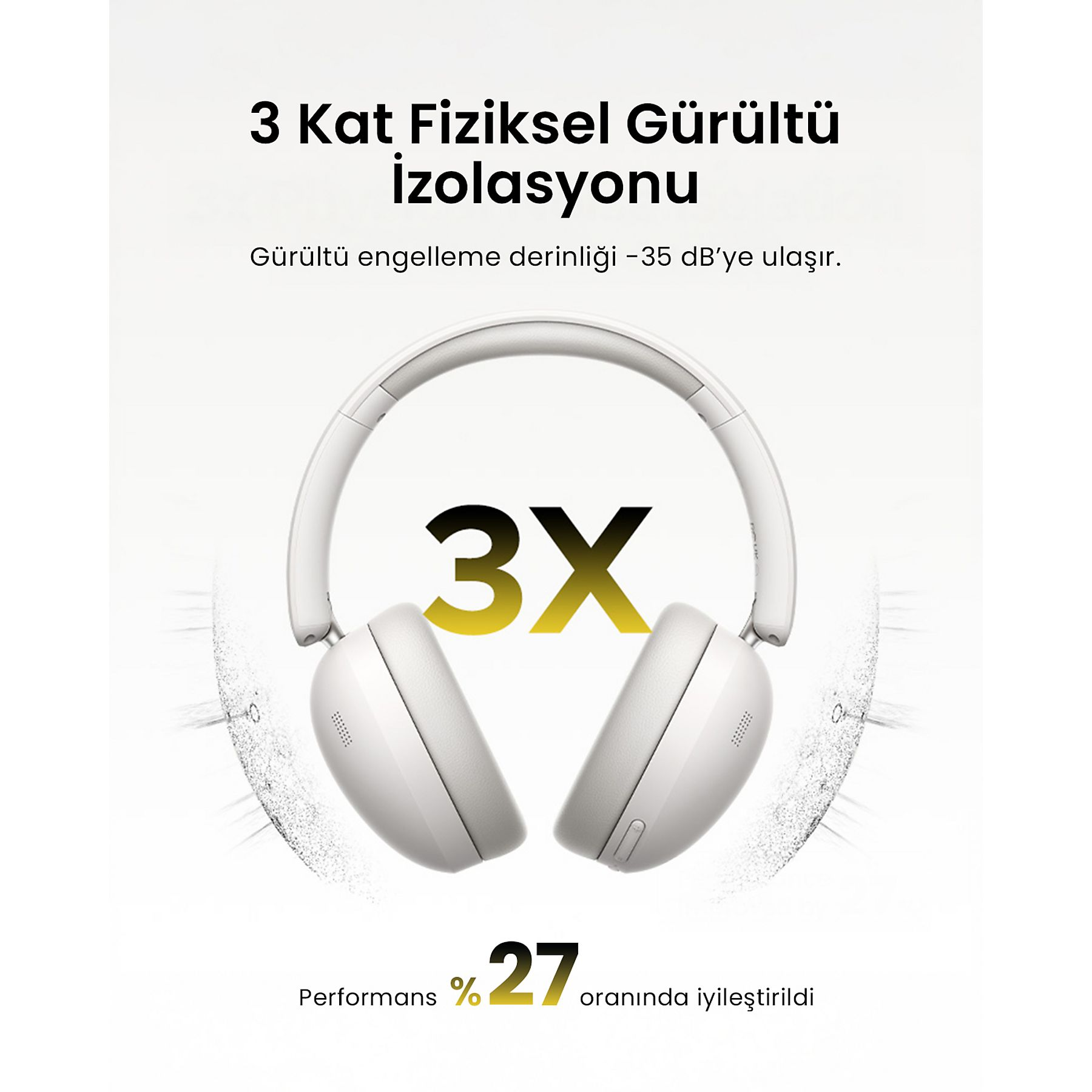 Białe słuchawki z "3X" i "27%" poprawą wydajności.