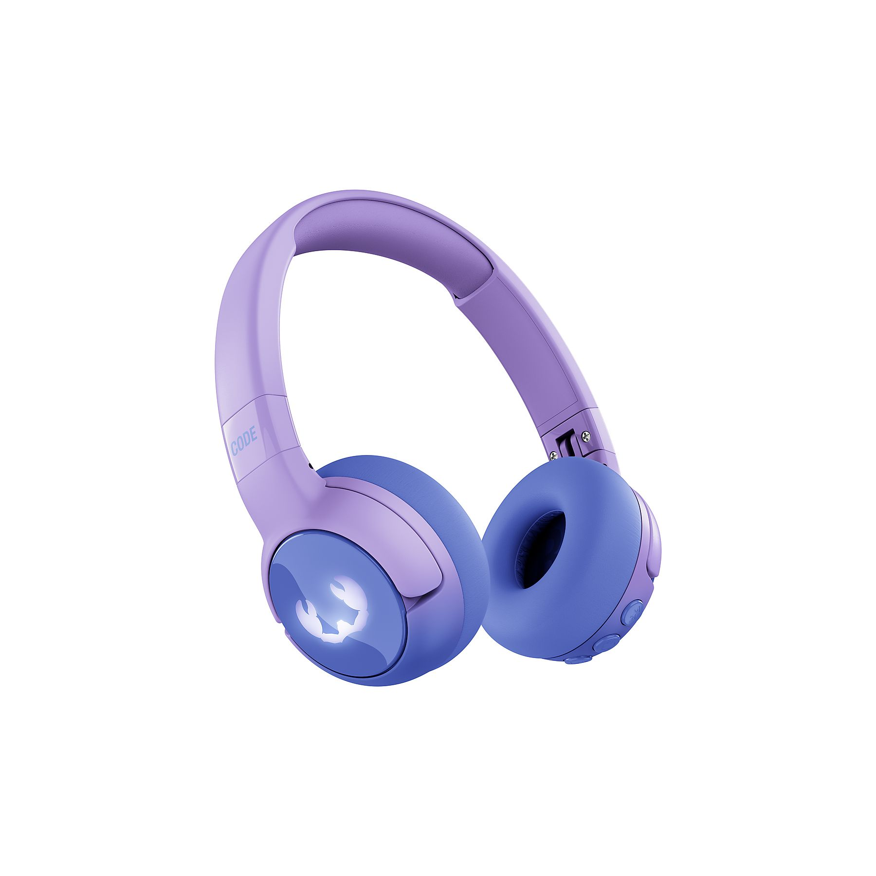 Fioletowo-niebieskie słuchawki z podświetlanym logo na nausznikach.