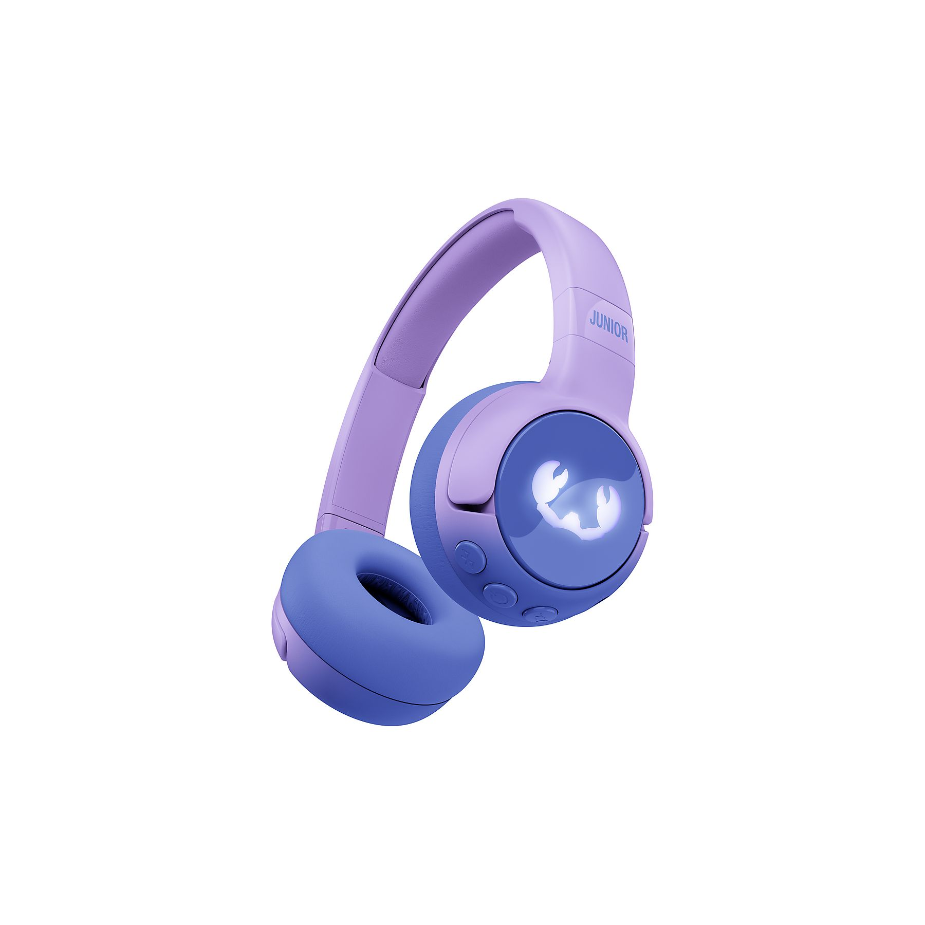 Fioletowe słuchawki z niebieskimi nausznikami i logo kraba.