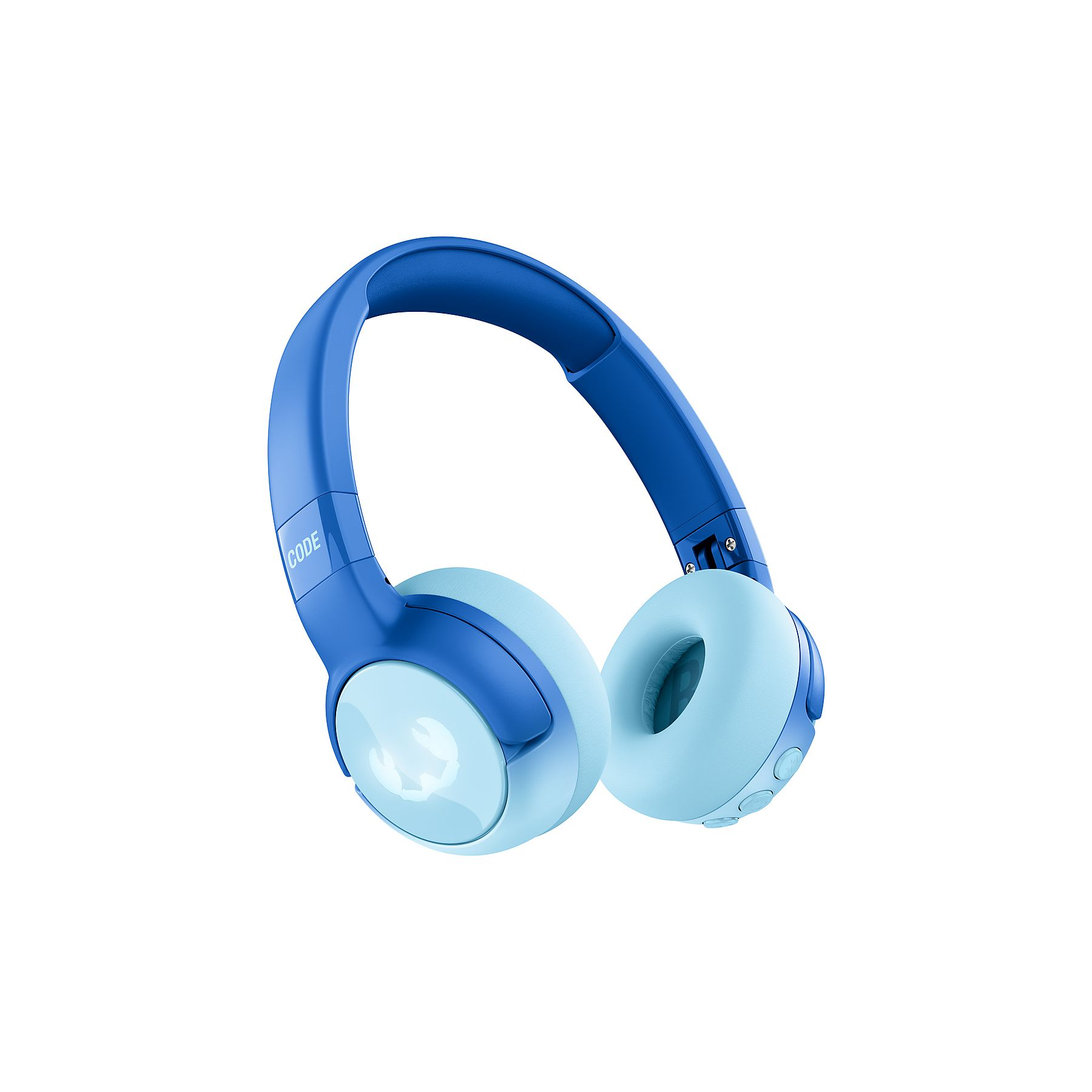 Niebieskie i jasnoniebieskie słuchawki ze słowem CODE na pałąku.