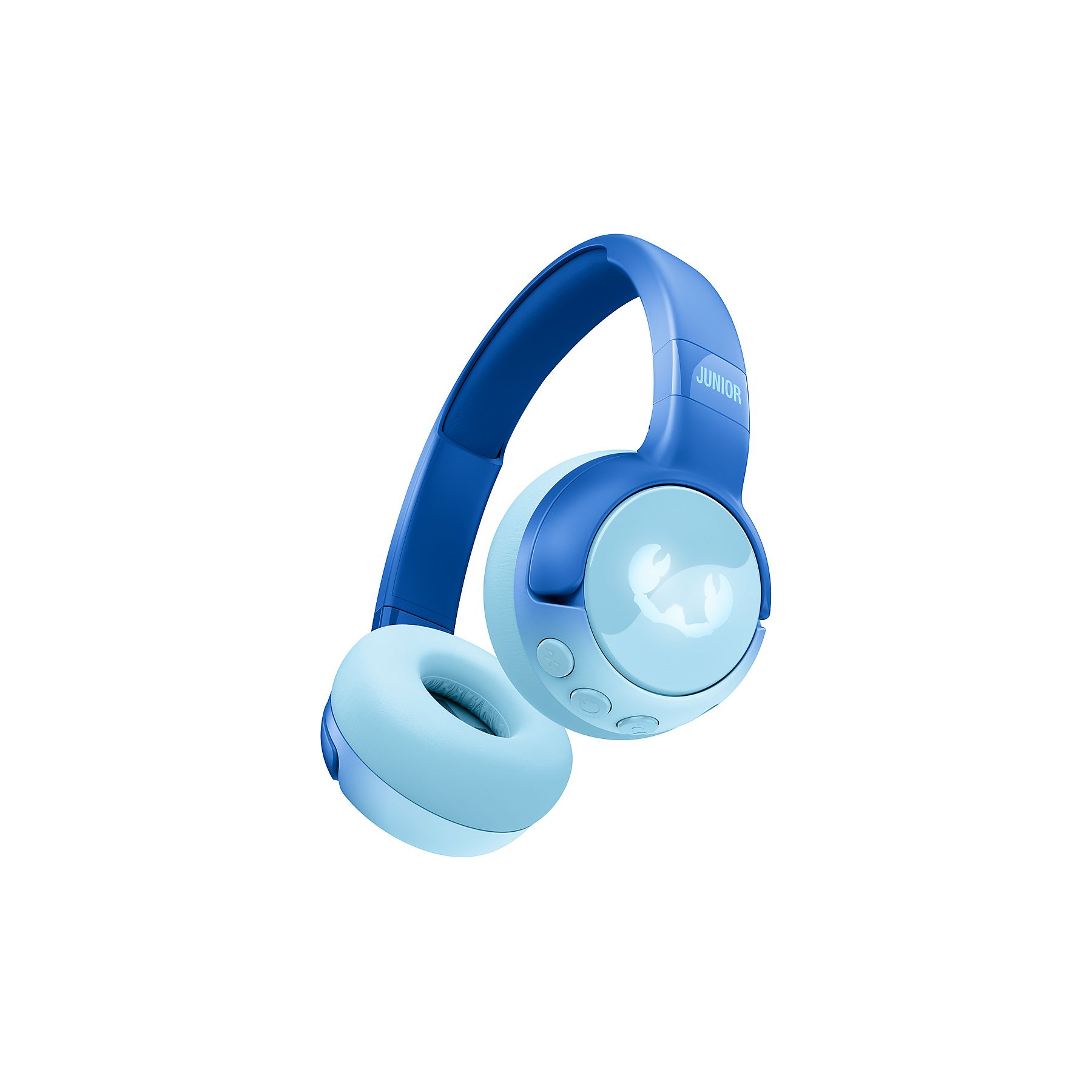 Niebieskie słuchawki z jasnoniebieskimi nausznikami i grafiką kraba.