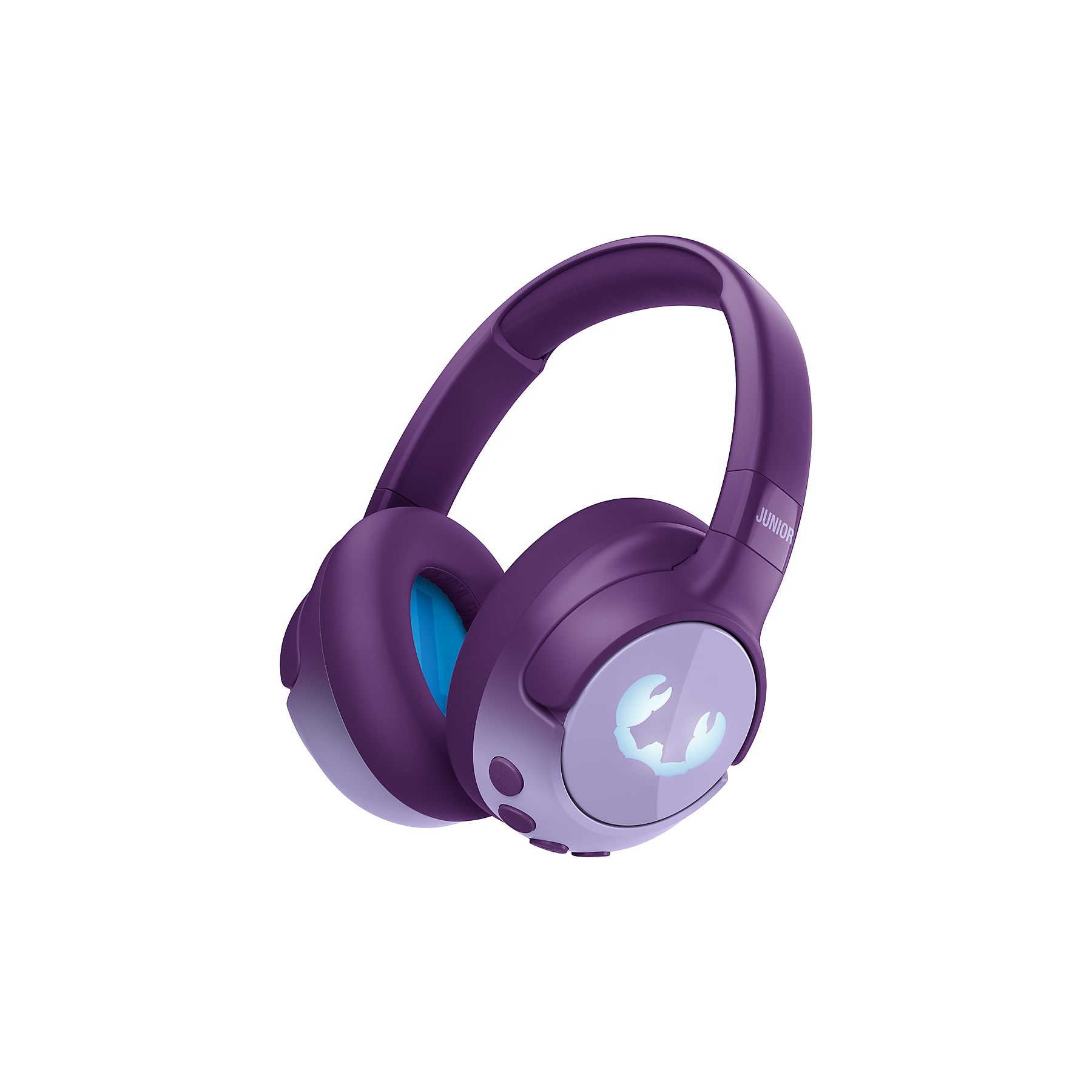 Fioletowe słuchawki z niebieską wkładką i symbolem kraba.