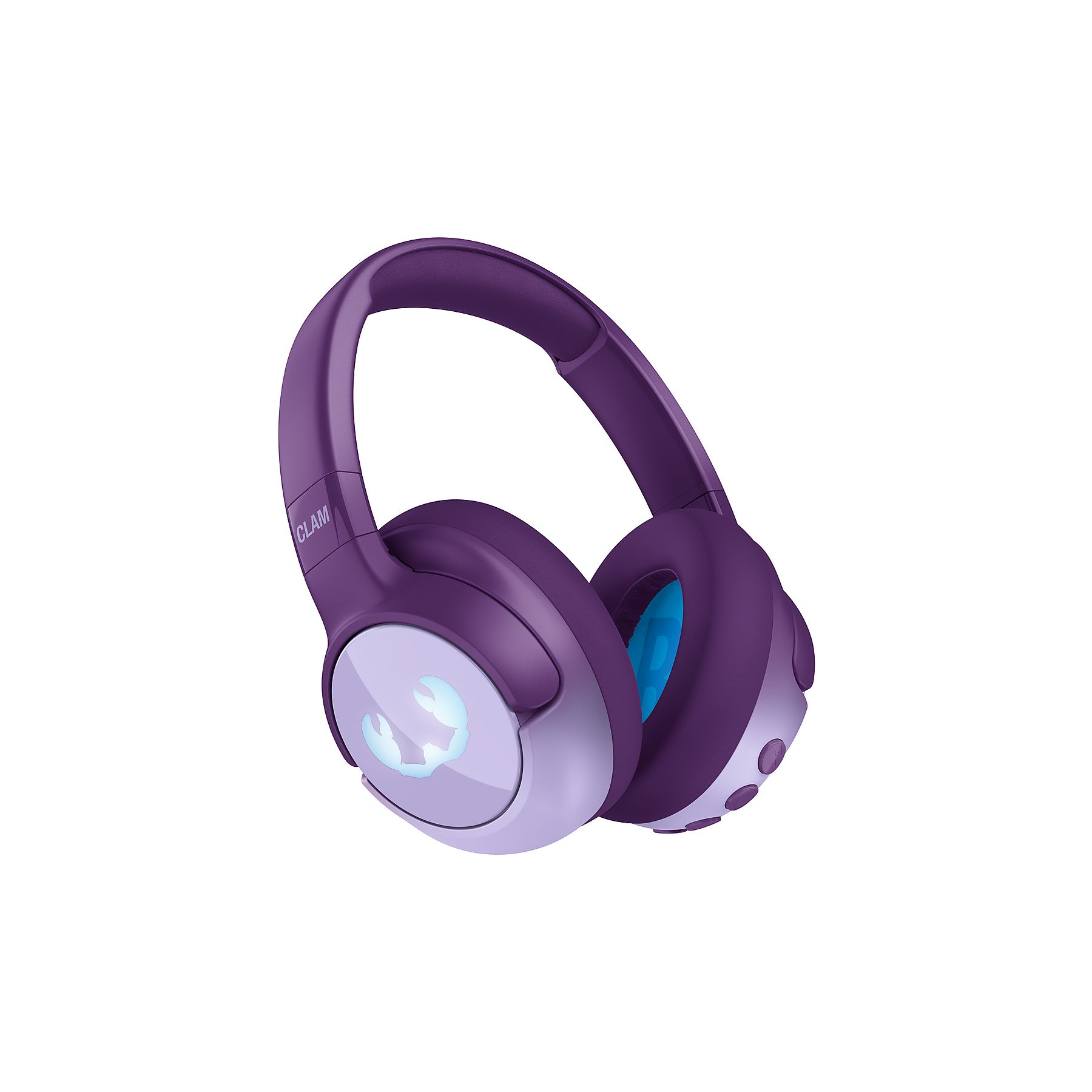 Fioletowe słuchawki z niebieskim nausznikiem i świecącym logo kraba.