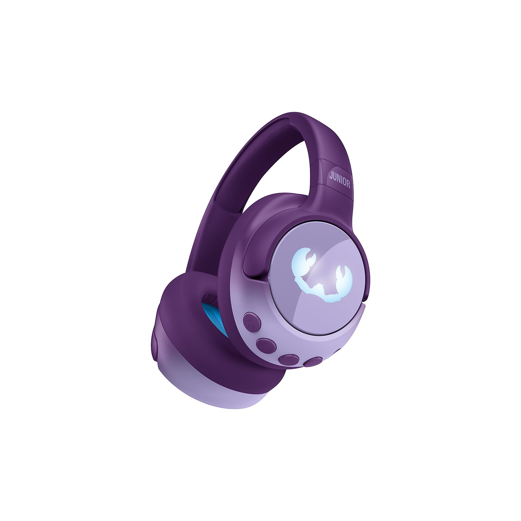 Fioletowe słuchawki z motywem kraba i niebieskimi akcentami, z napisem "JUNIOR".