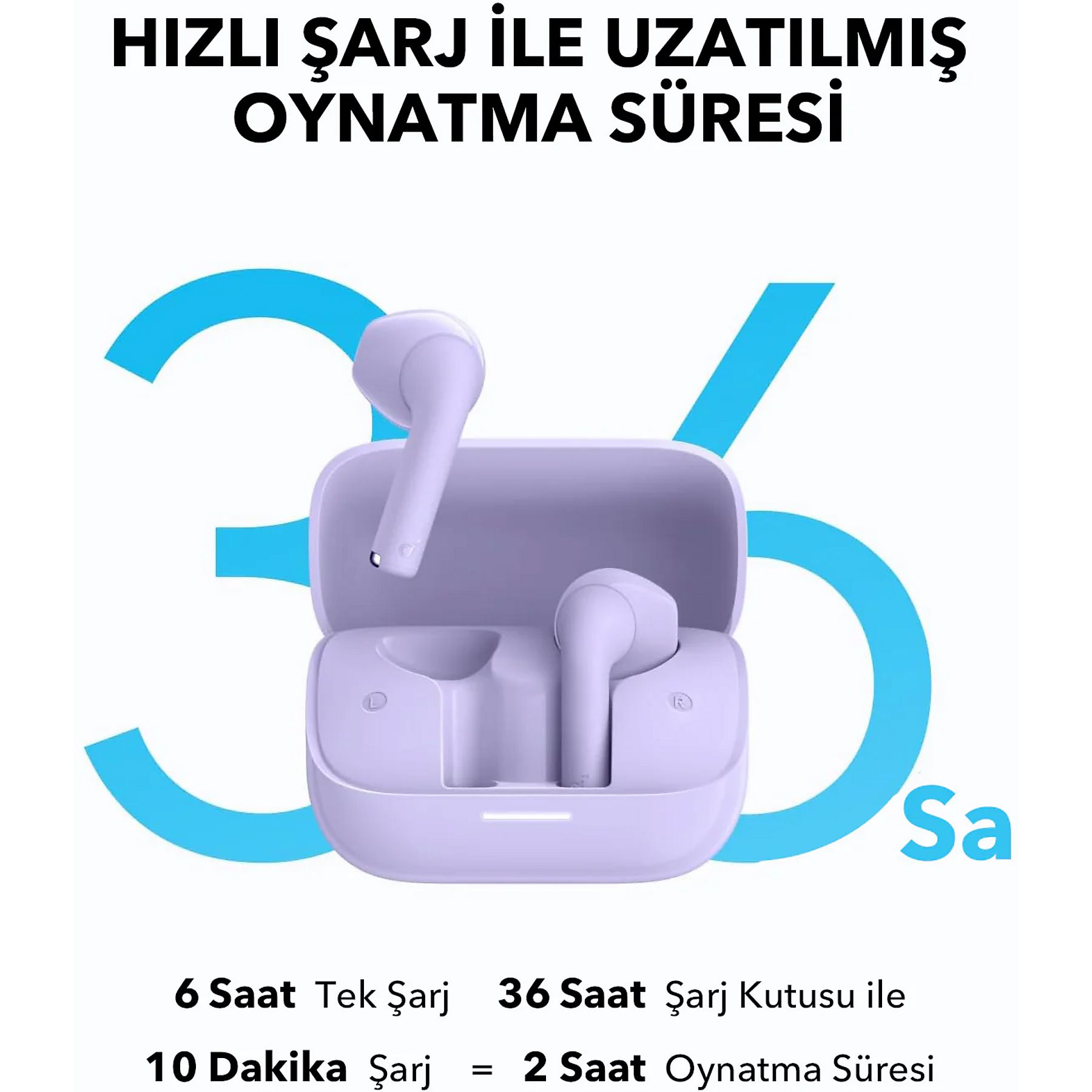 Auricolari viola nella custodia di ricarica, con numeri blu 3 e S. 6 ore batteria, 36 ore con custodia.