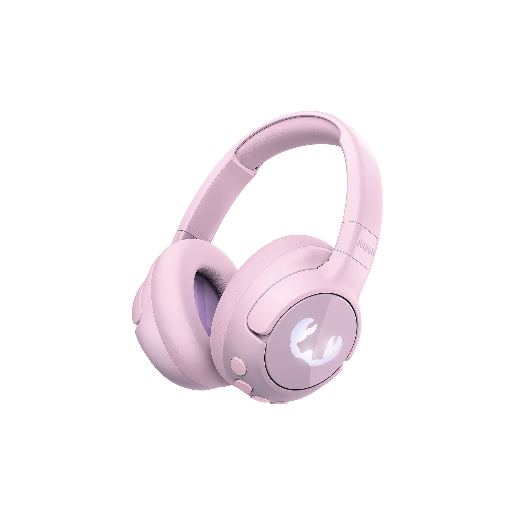 Różowe słuchawki z białym logo na białym tle.