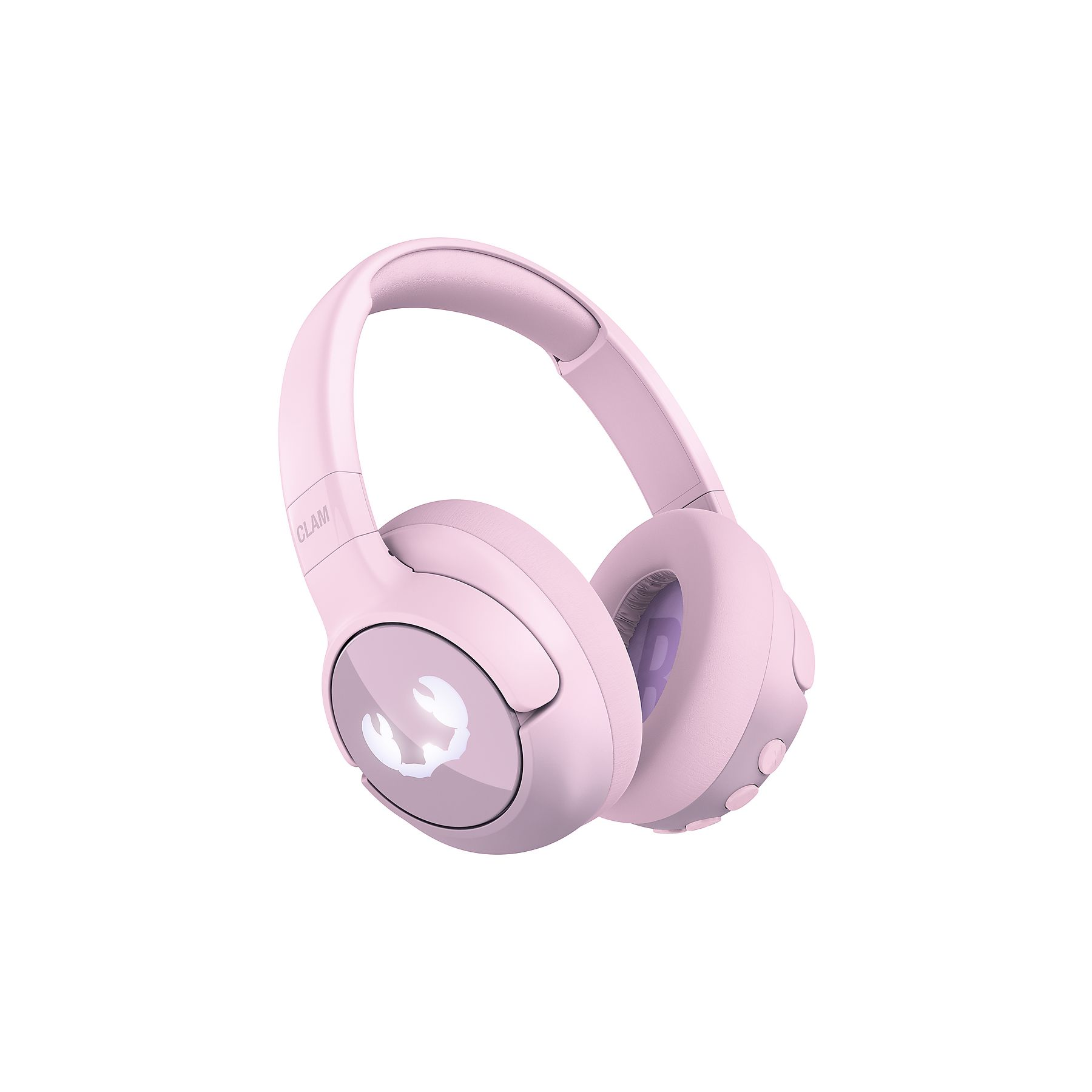 Różowe słuchawki z białym logo na lewej słuchawce.