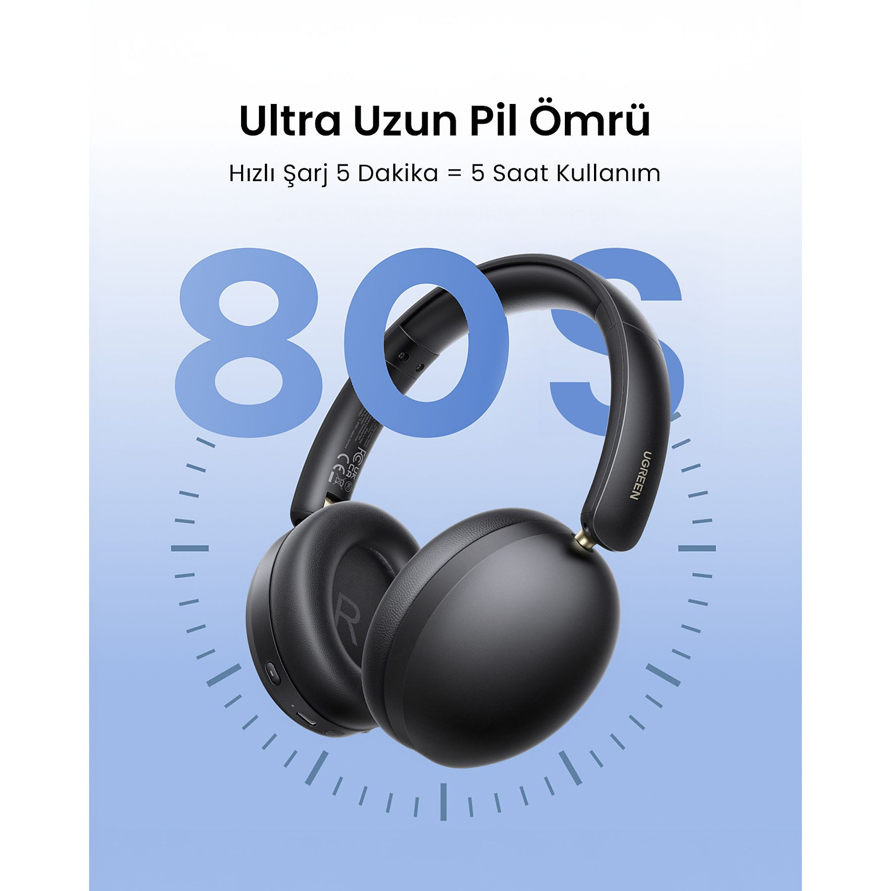 Czarne słuchawki z niebieskimi cyframi 80 unoszące się na niebieskim tle.