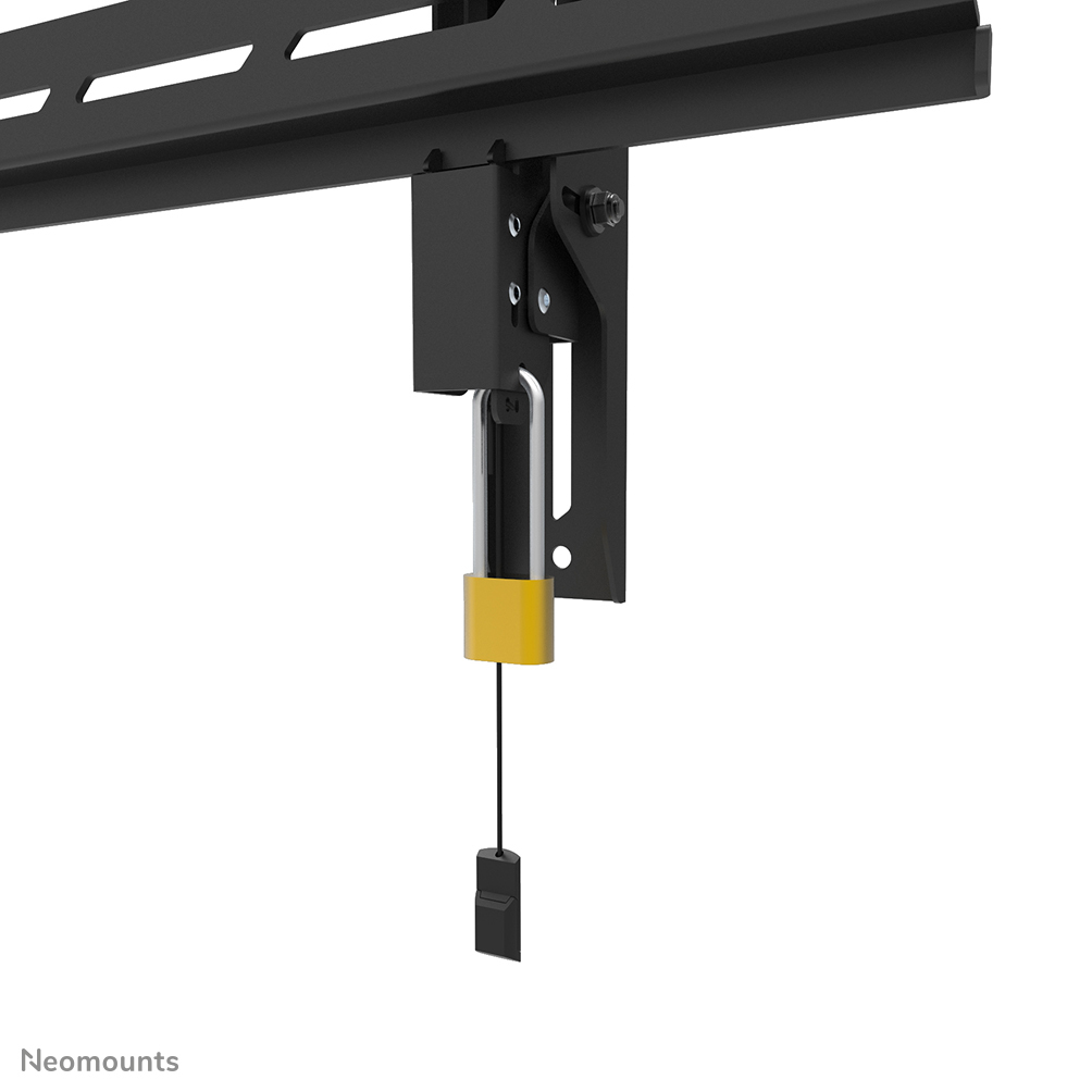 Zwarte muurbeugel met een geel hangslot en een zwart trekkoord.