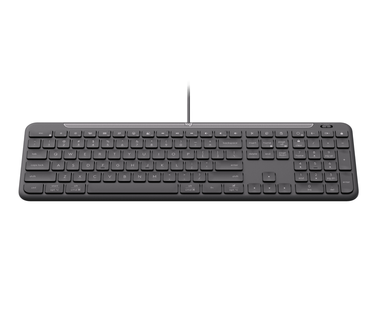 Eine dunkle, verdrahtete Tastatur mit Logitech-Logo und numerischem Block.