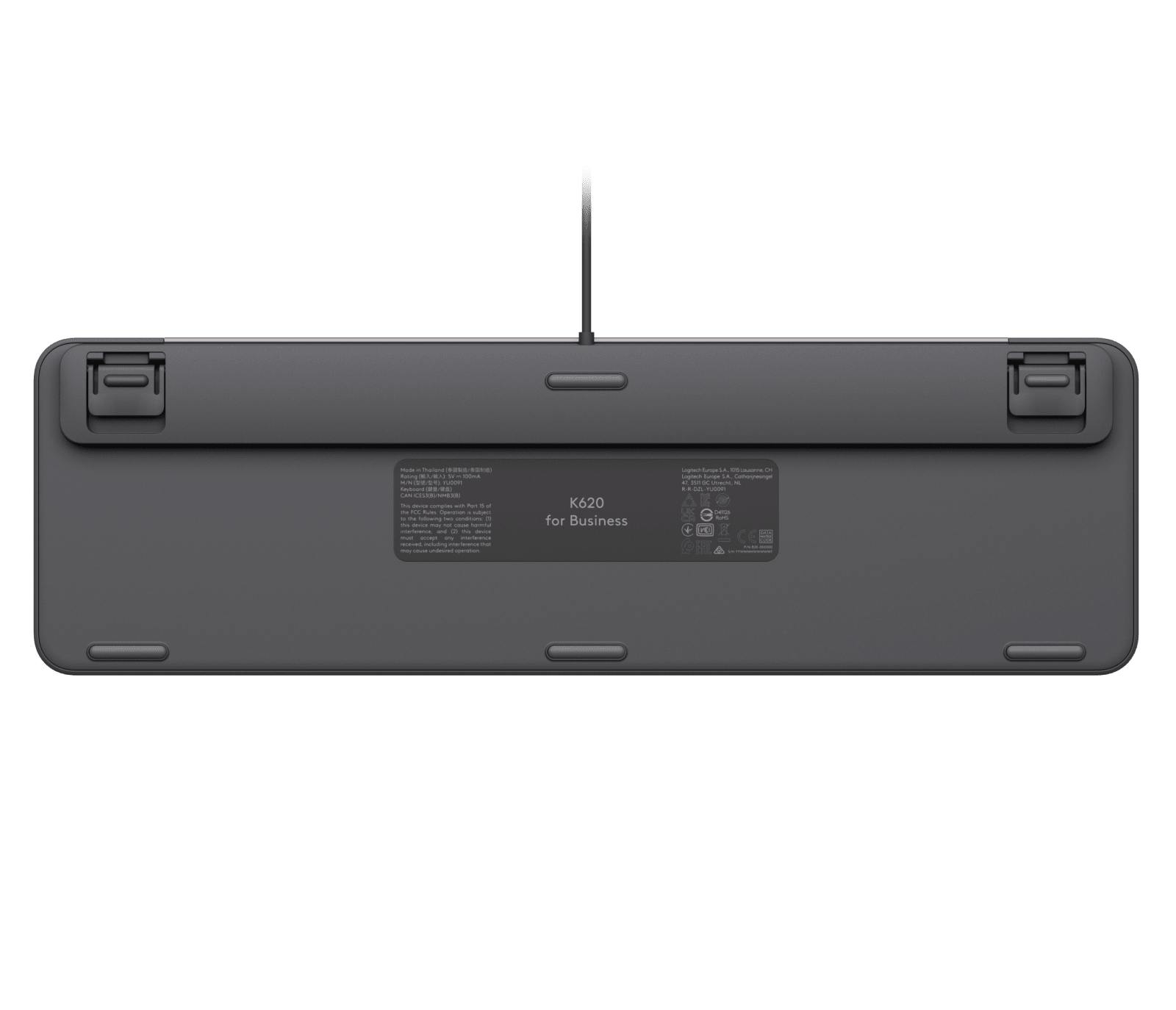 Rückseite einer grauen Logitech K620 Tastatur für Unternehmen mit Beschriftung.