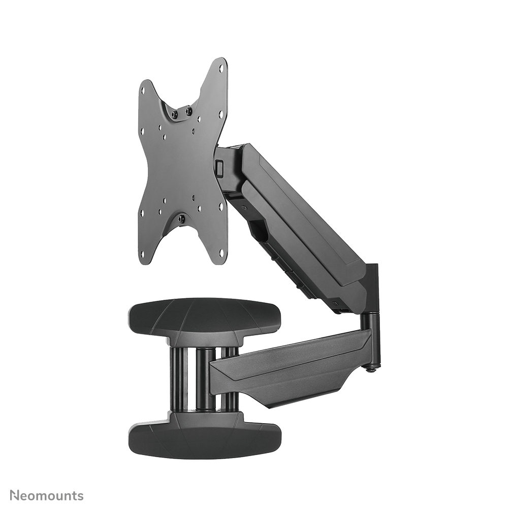 Un bras de moniteur noir avec articulation réglable et plaque VESA sur fond blanc.