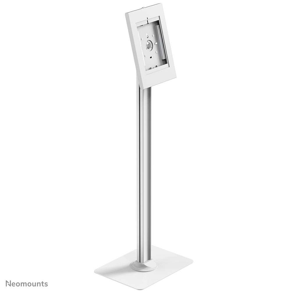 Un support de tablette blanc avec une base rectangulaire et un support réglable.