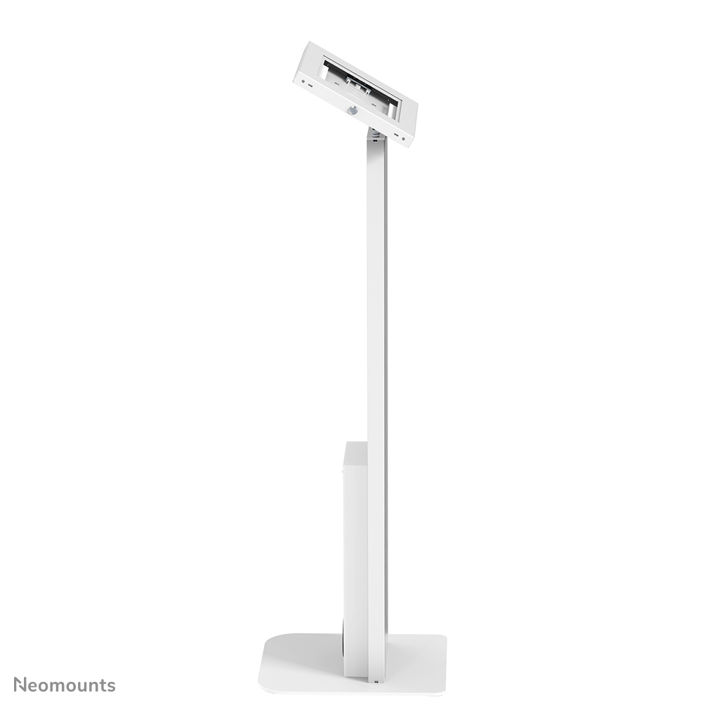 Un support blanc avec un support inclinable pour tablette ou écran.