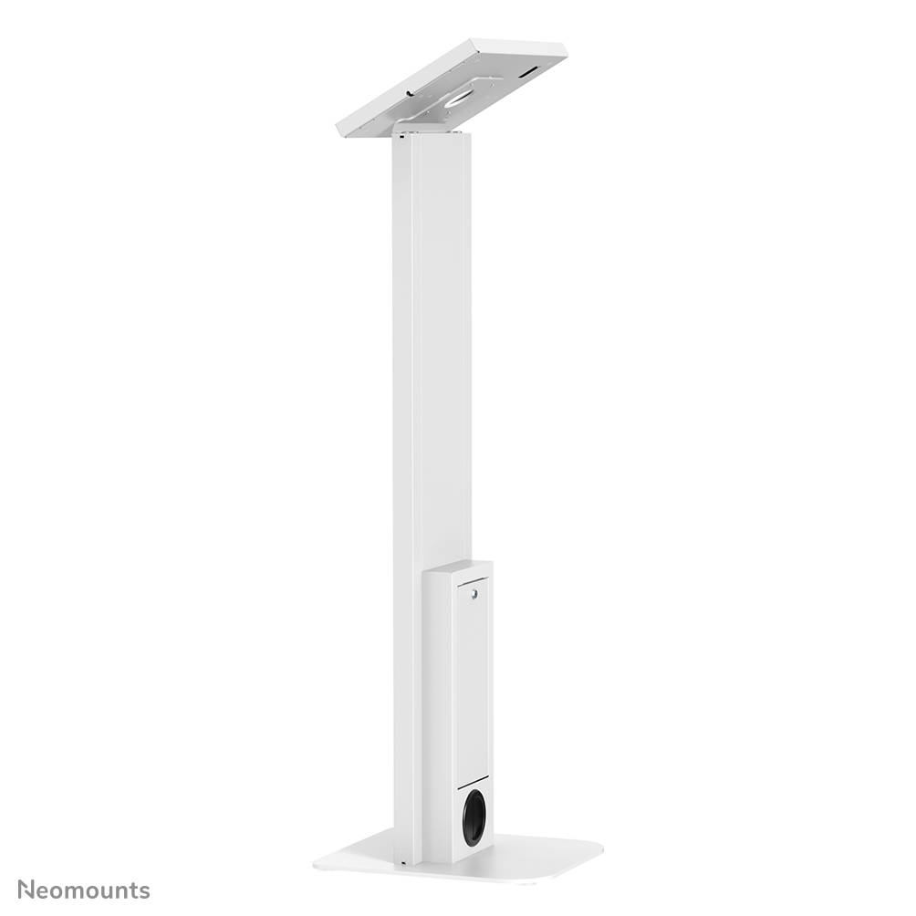 Un support blanc avec un support d'écran supérieur et un compartiment inférieur.