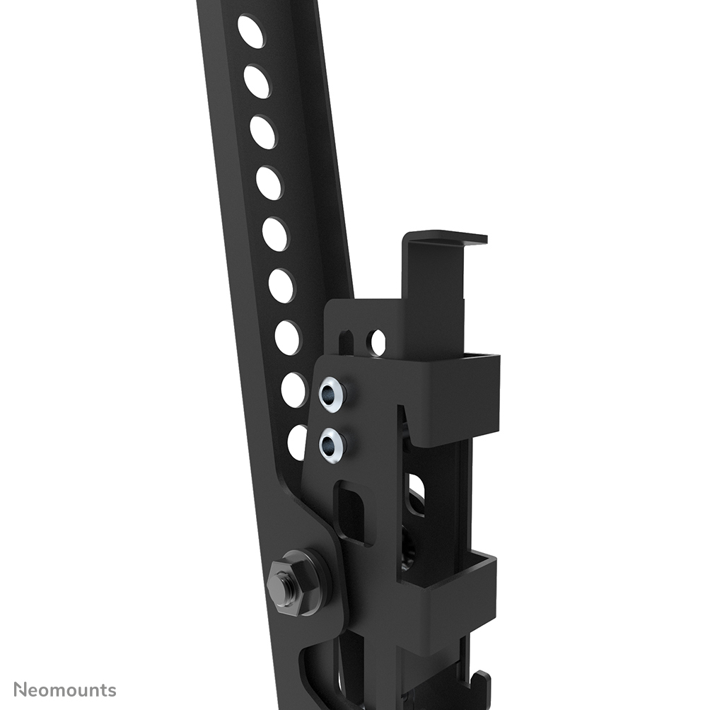 A black metal arm with holes and screws, part of a mount.