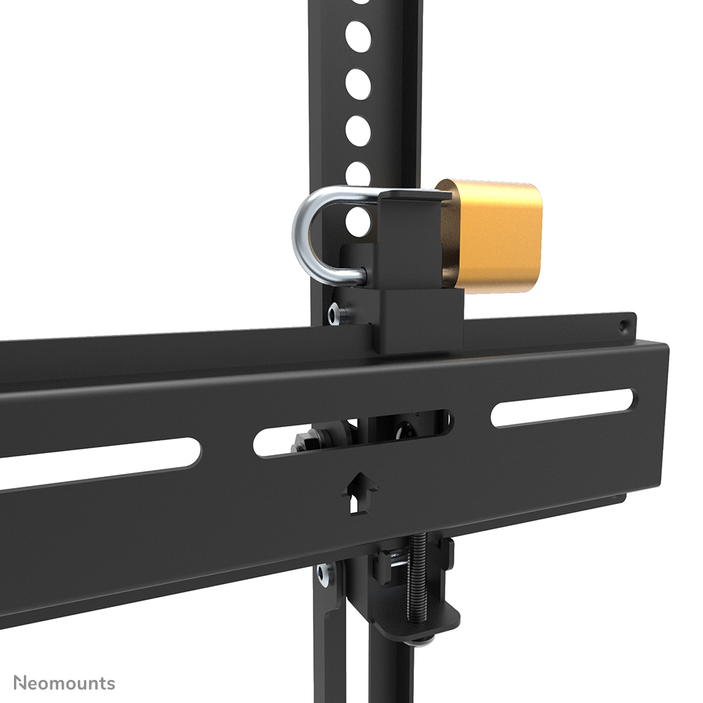A gold padlock secures a black TV mount with hole pattern.
