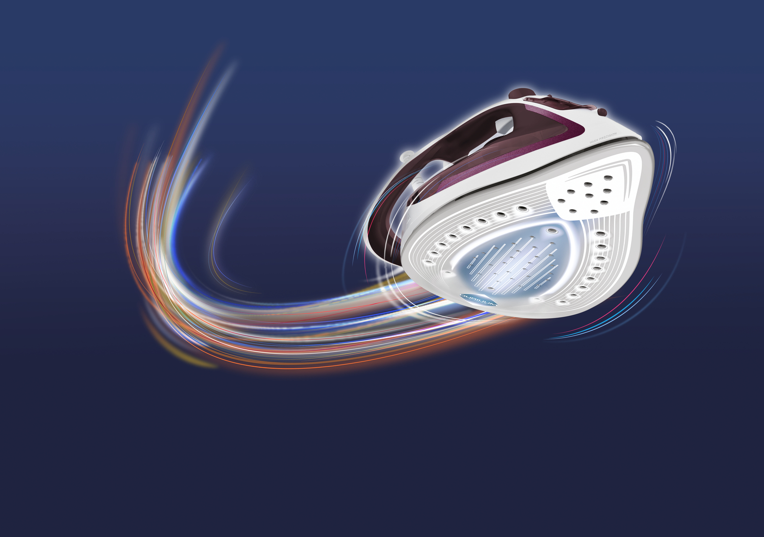 Un ferro da stiro elegante su sfondo blu scuro con strisce luminose colorate.