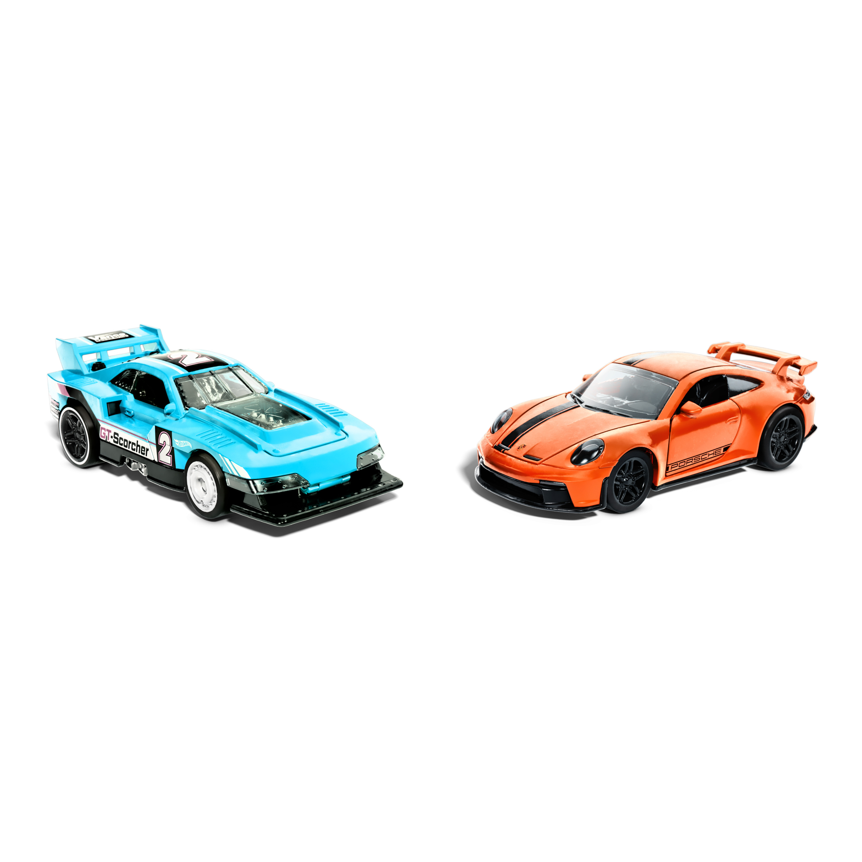 Due macchinine: un'auto da corsa blu e un modello Porsche arancione.