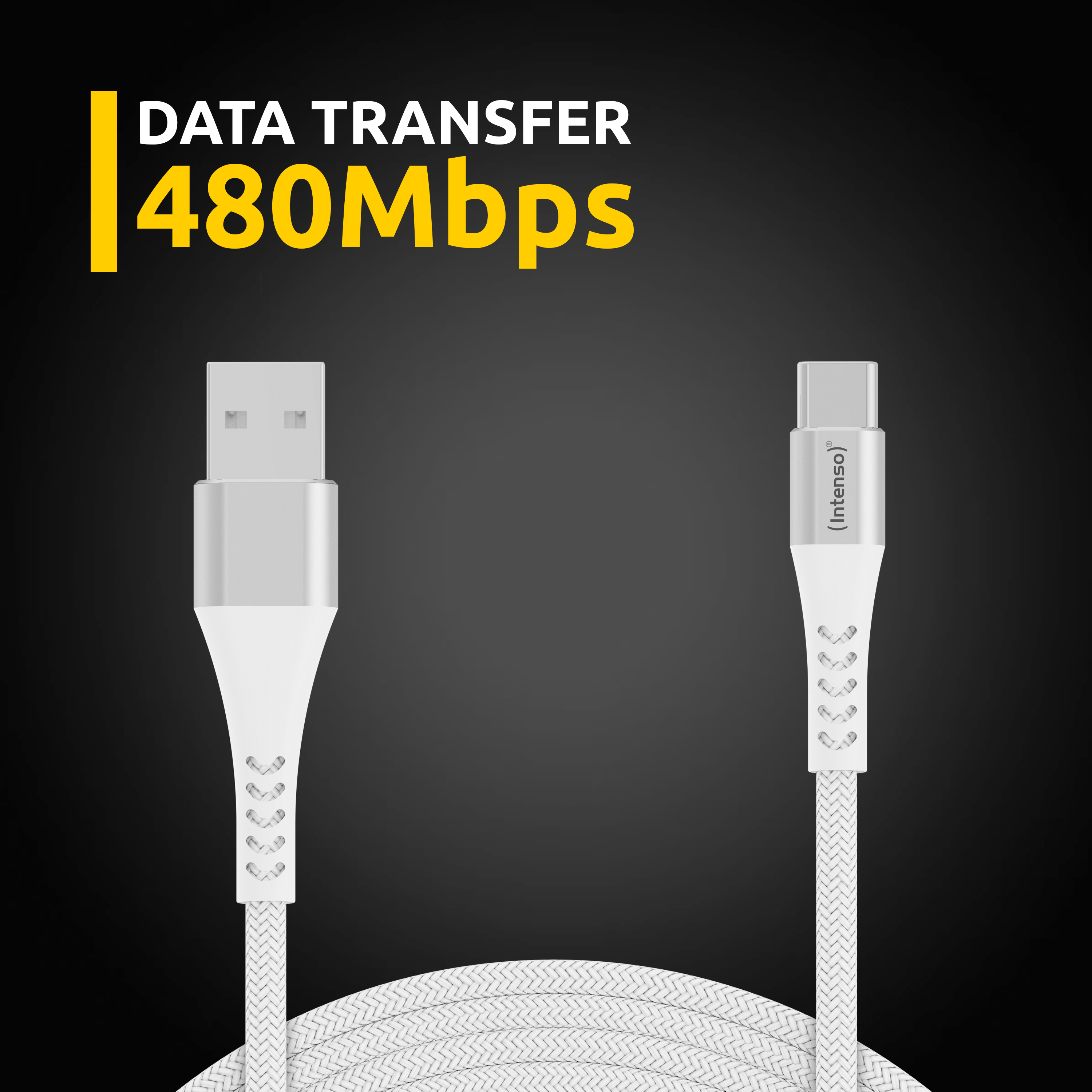 Câble blanc USB-A vers USB-C avec texte 'DATA TRANSFER 480Mbps'.