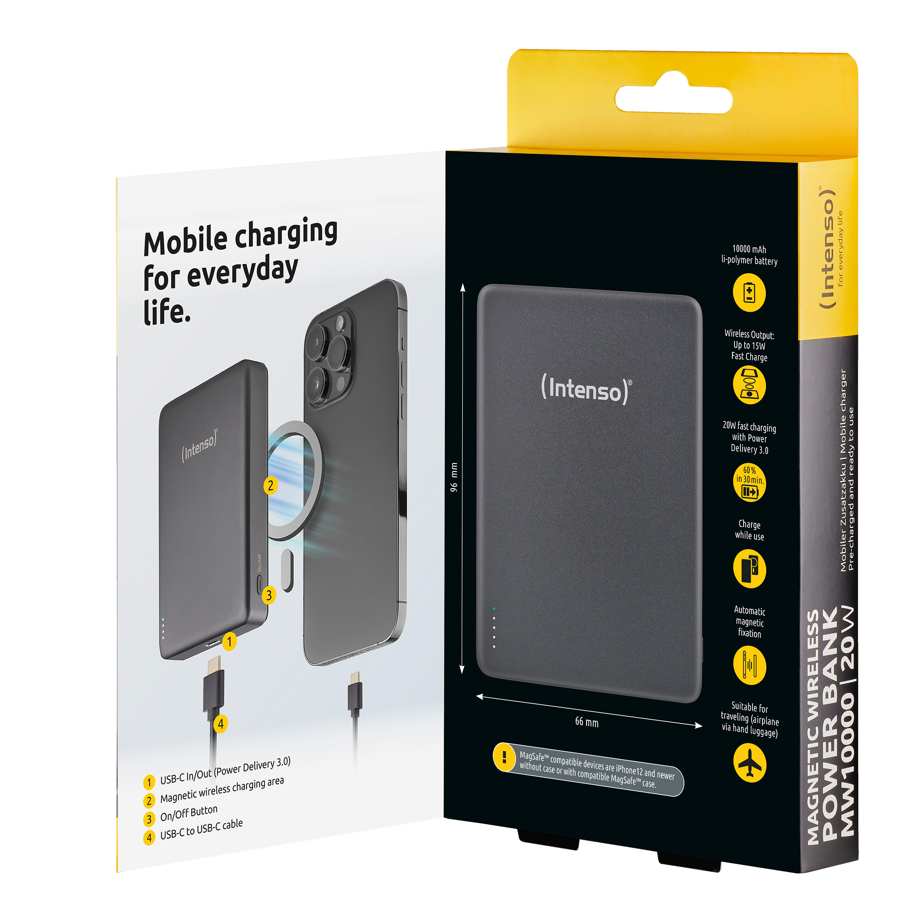 Un set di power bank Intenso nero con un iPhone in carica wireless.