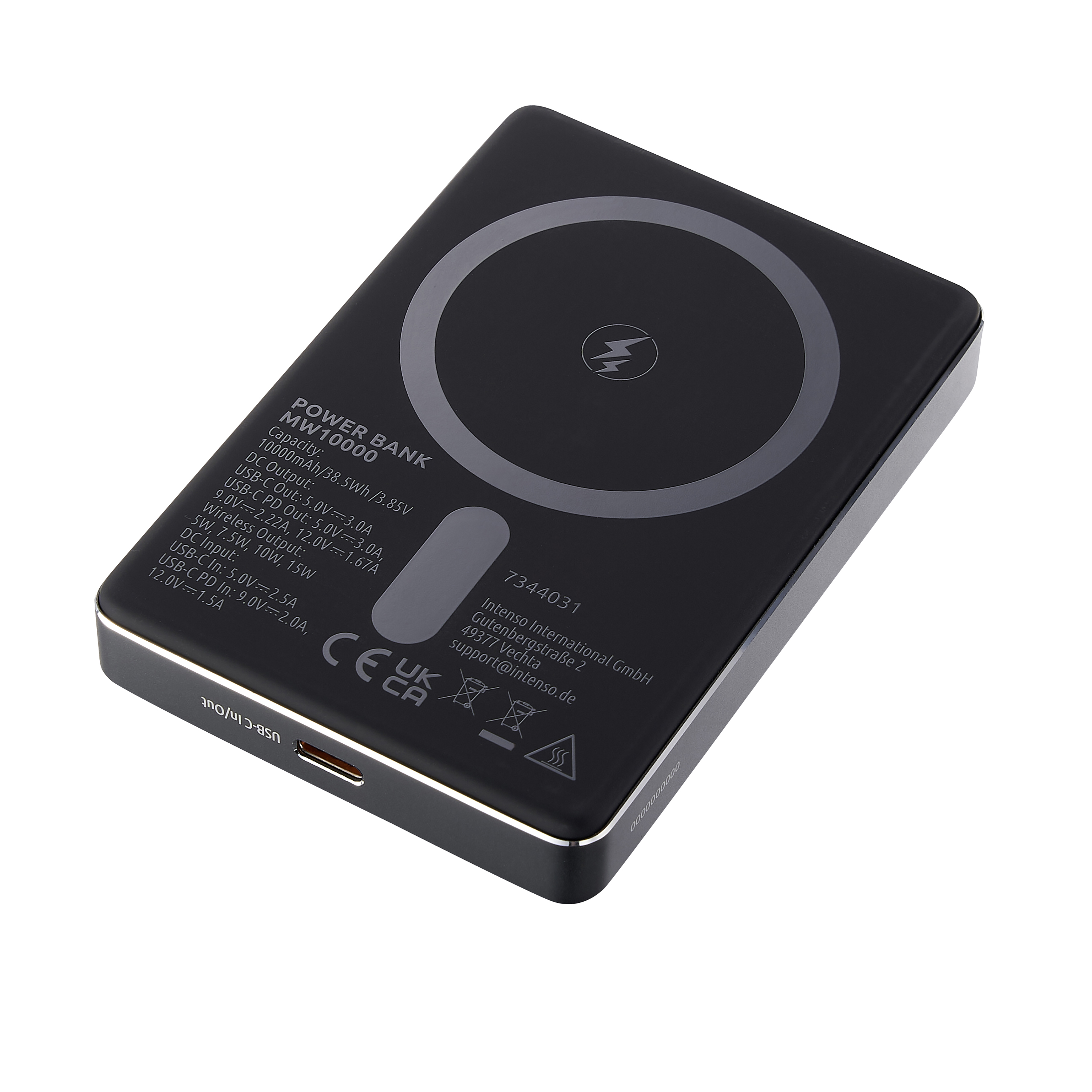 Powerbank nera da 10000mAh con USB-C e ricarica wireless.